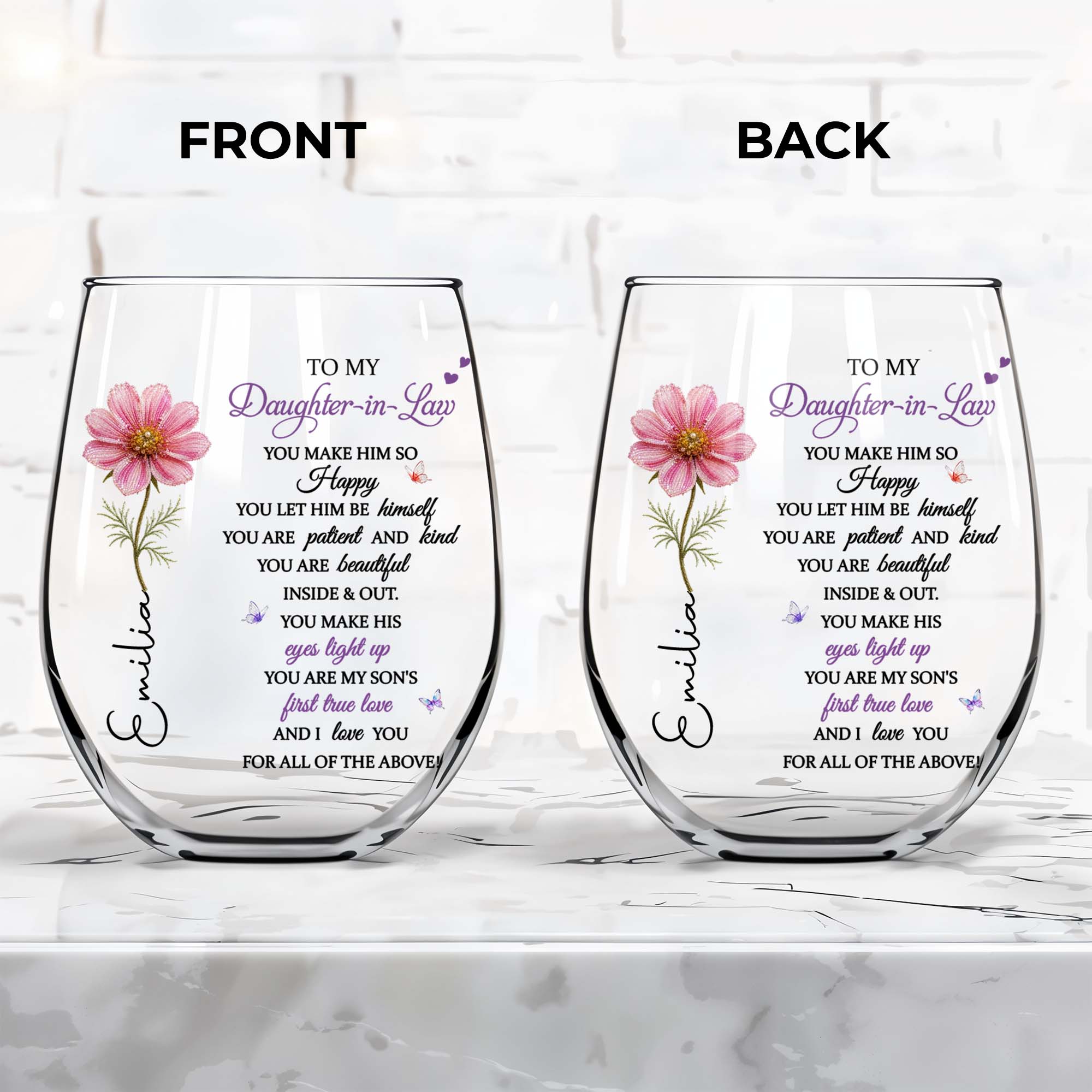 Personalized Stemless Wine Glass Birth Month Flower Gift for Daughter-in-Law Wine Glasses GradoCreations