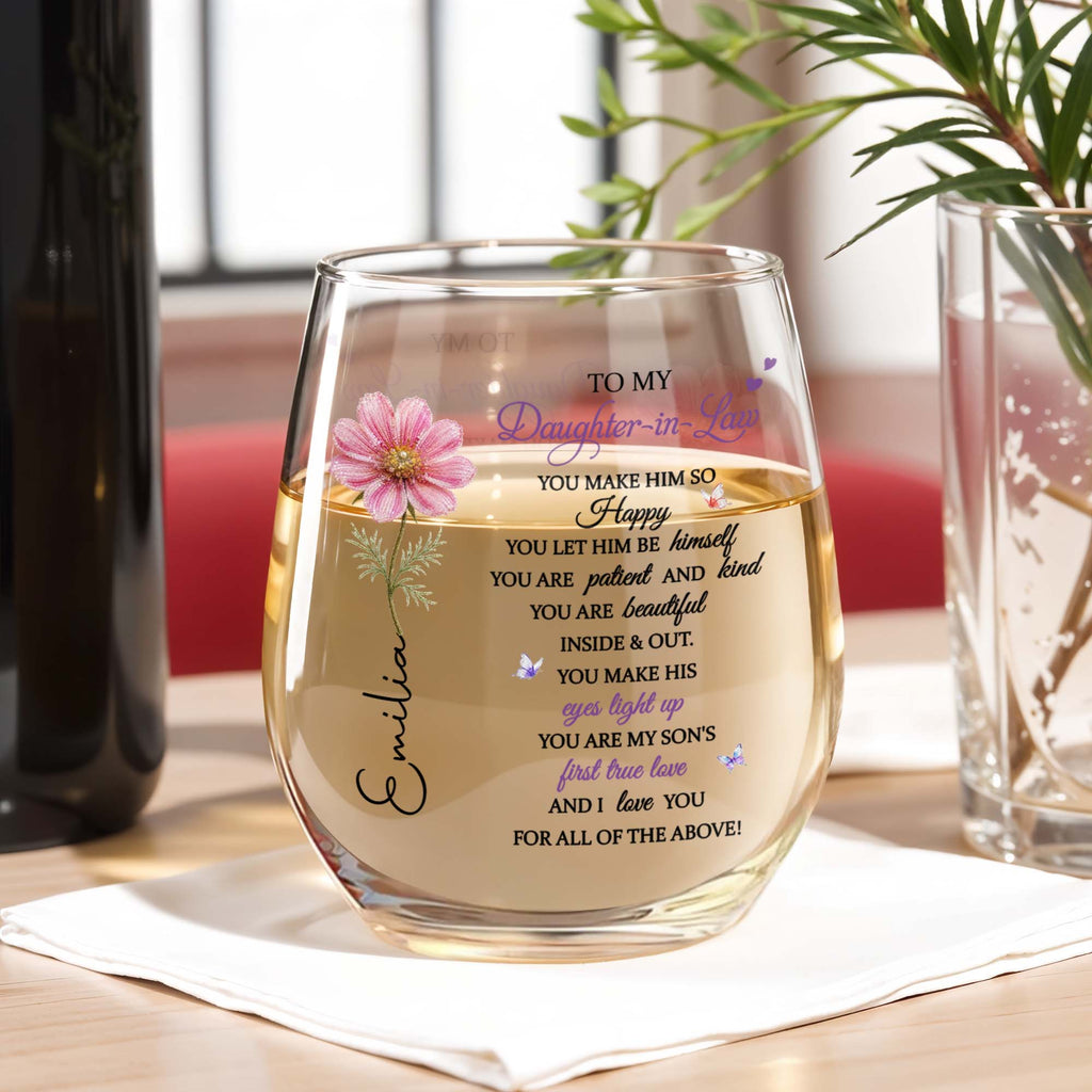 Personalized Stemless Wine Glass Birth Month Flower Gift for Daughter-in-Law Wine Glasses GradoCreations