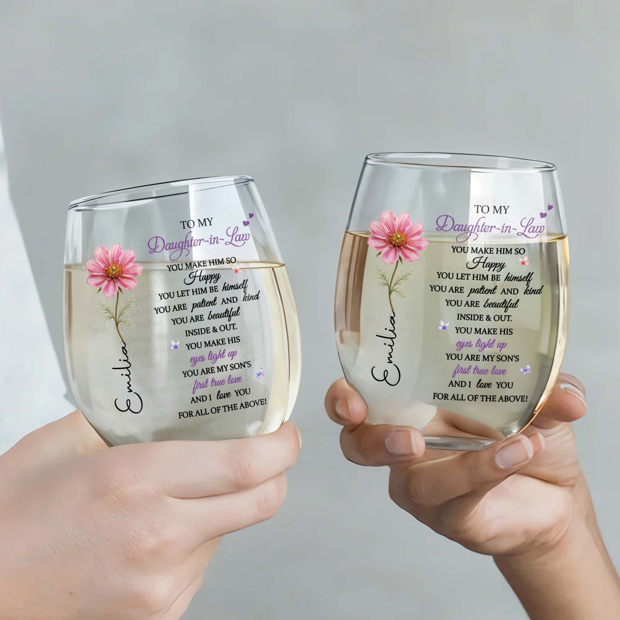 Personalized Stemless Wine Glass Birth Month Flower Gift for Daughter-in-Law Wine Glasses GradoCreations