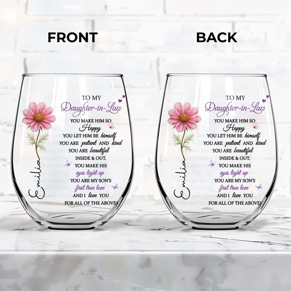 Personalized Stemless Wine Glass Birth Month Flower Gift for Daughter-in-Law Wine Glasses GradoCreations