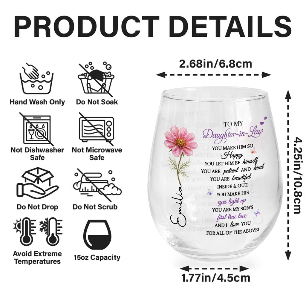 Personalized Stemless Wine Glass Birth Month Flower Gift for Daughter-in-Law Wine Glasses GradoCreations