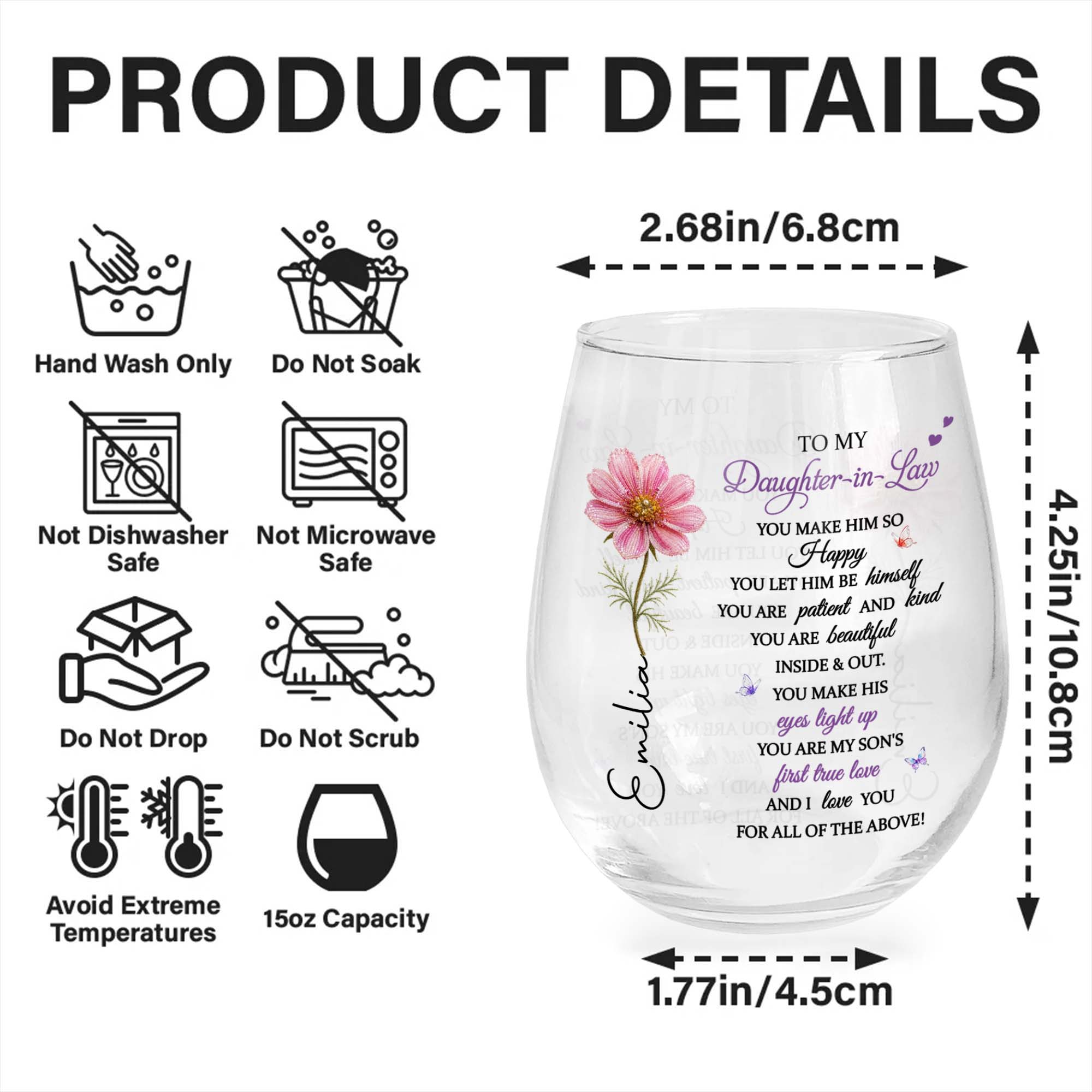Personalized Stemless Wine Glass Birth Month Flower Gift for Daughter-in-Law Wine Glasses GradoCreations
