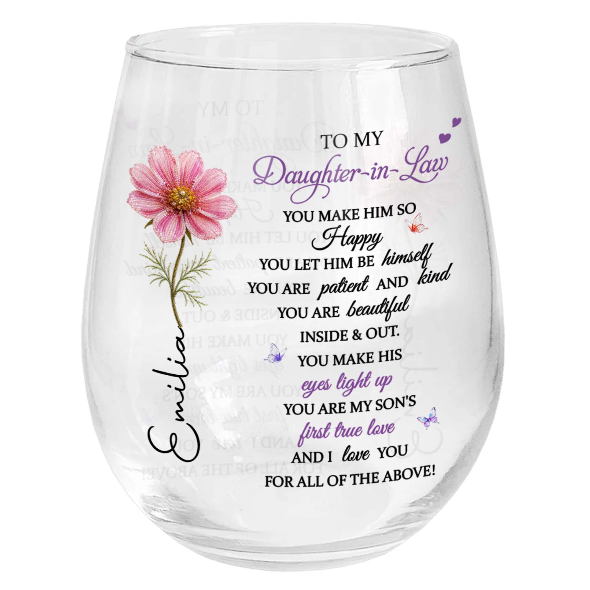 Personalized Stemless Wine Glass Birth Month Flower Gift for Daughter-in-Law Wine Glasses GradoCreations