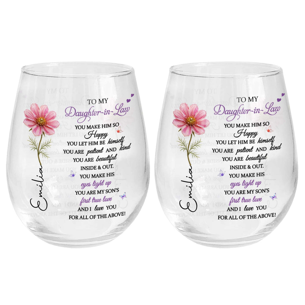 Personalized Stemless Wine Glass Birth Month Flower Gift for Daughter-in-Law Wine Glasses GradoCreations