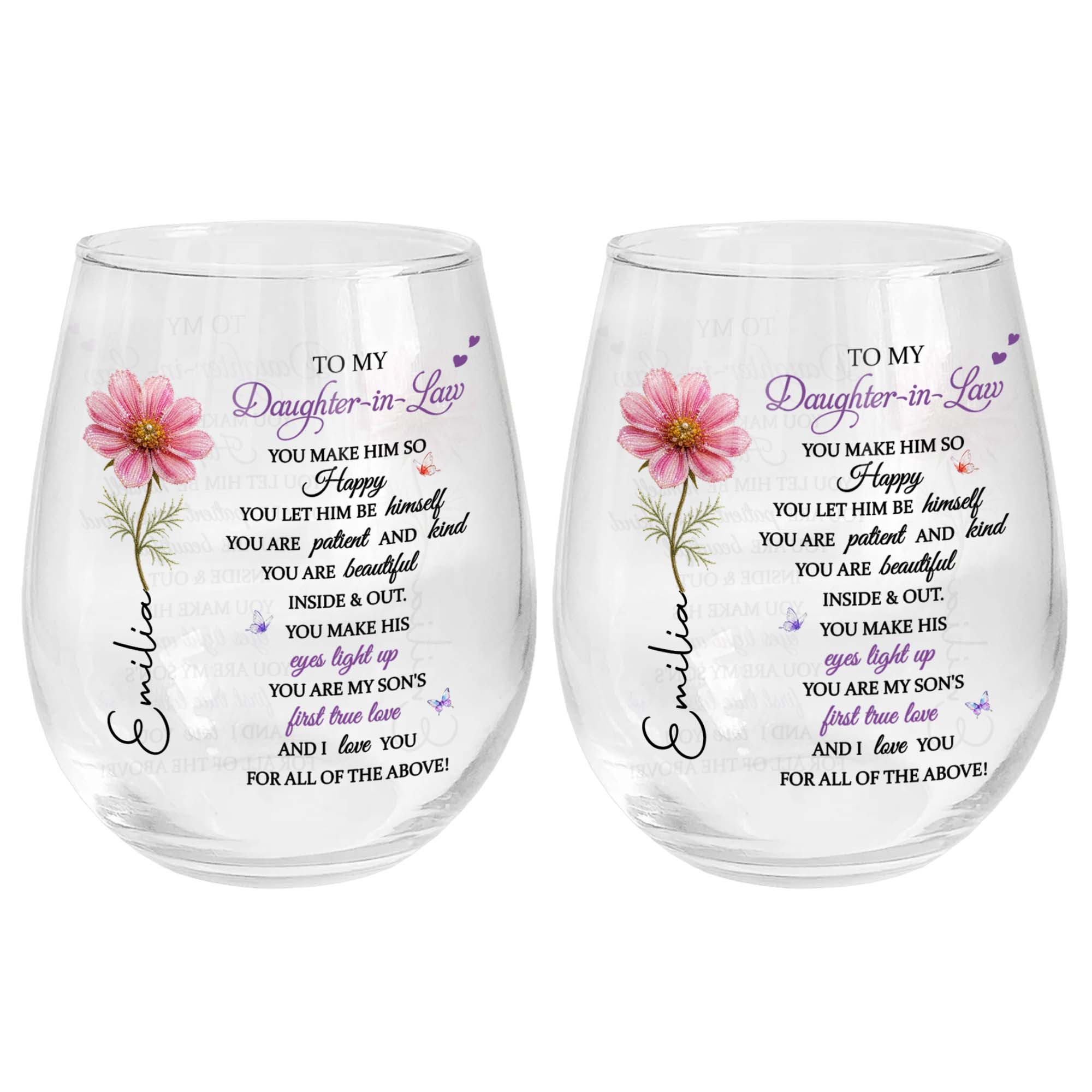 Personalized Stemless Wine Glass Birth Month Flower Gift for Daughter-in-Law Wine Glasses GradoCreations