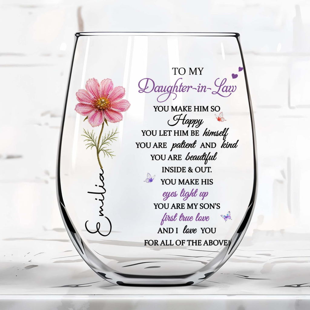 Personalized Stemless Wine Glass Birth Month Flower Gift for Daughter-in-Law Wine Glasses GradoCreations