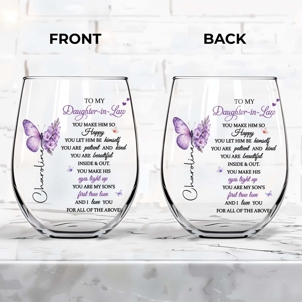Personalized Stemless Wine Glass Custom Name Gift for Daughter-in-Law Wine Glasses GradoCreations