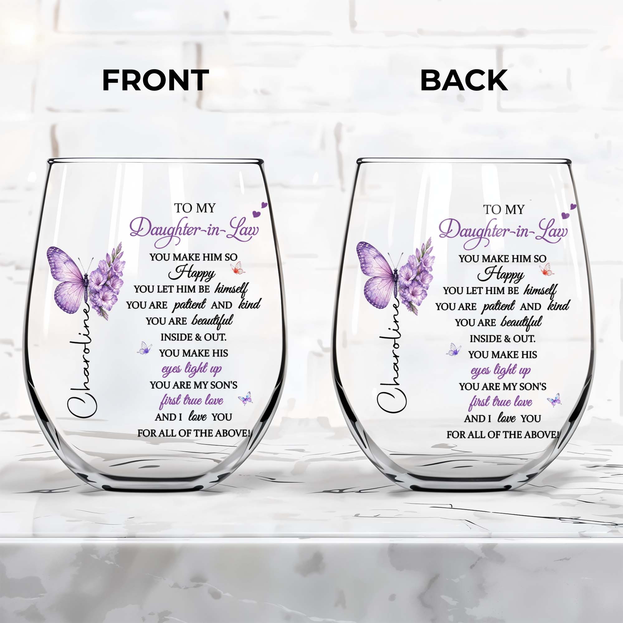 Personalized Stemless Wine Glass Custom Name Gift for Daughter-in-Law Wine Glasses GradoCreations