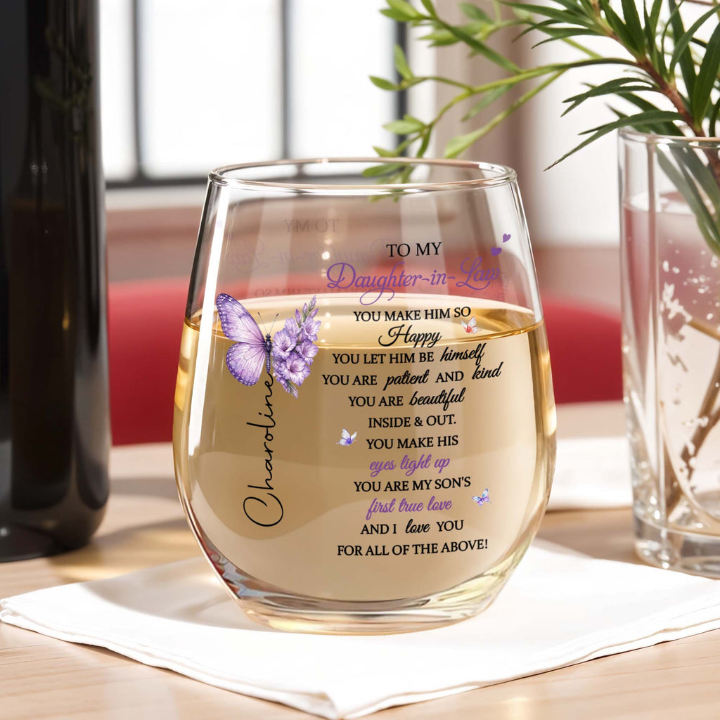 Personalized Stemless Wine Glass Custom Name Gift for Daughter-in-Law Wine Glasses GradoCreations