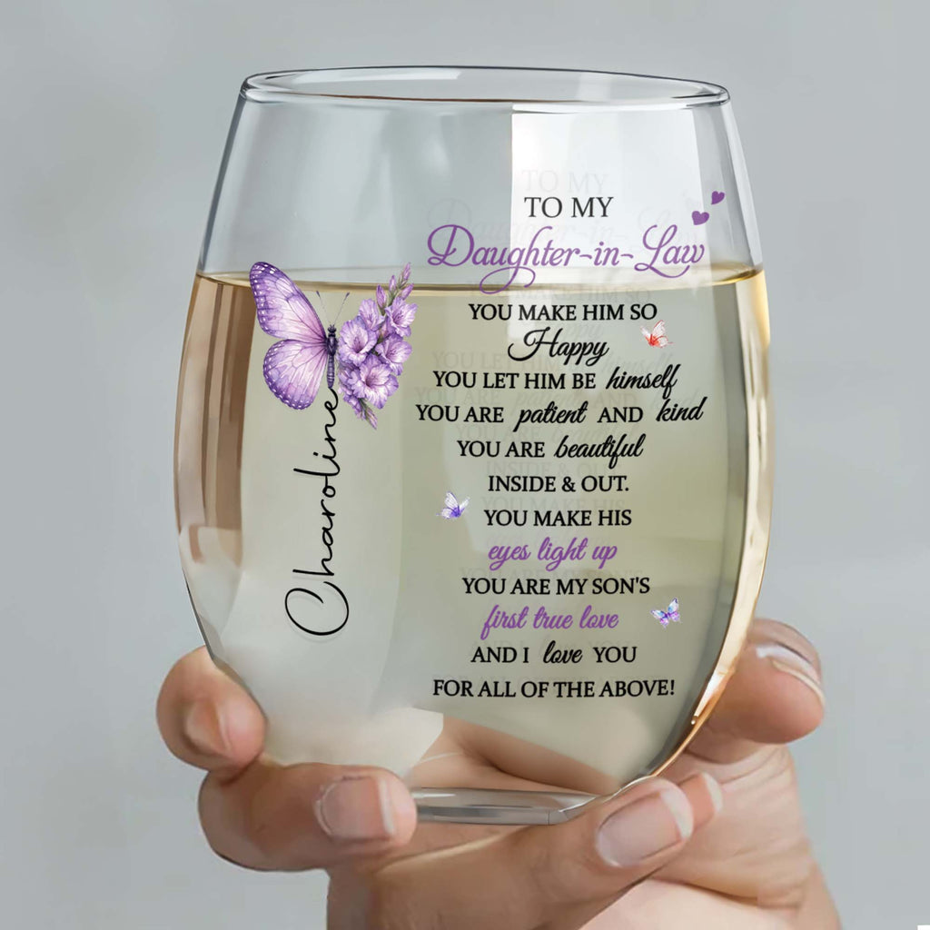 Personalized Stemless Wine Glass Custom Name Gift for Daughter-in-Law Wine Glasses GradoCreations