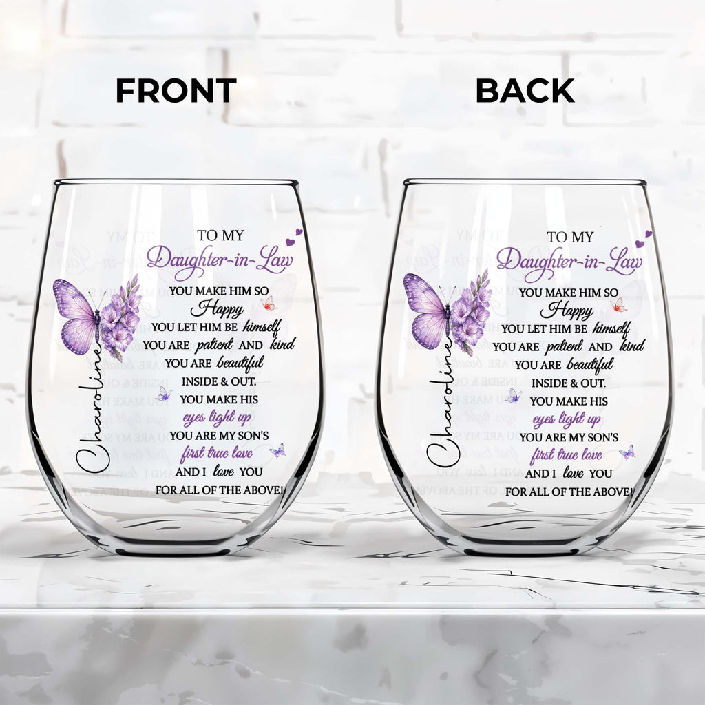 Personalized Stemless Wine Glass Custom Name Gift for Daughter-in-Law Wine Glasses GradoCreations
