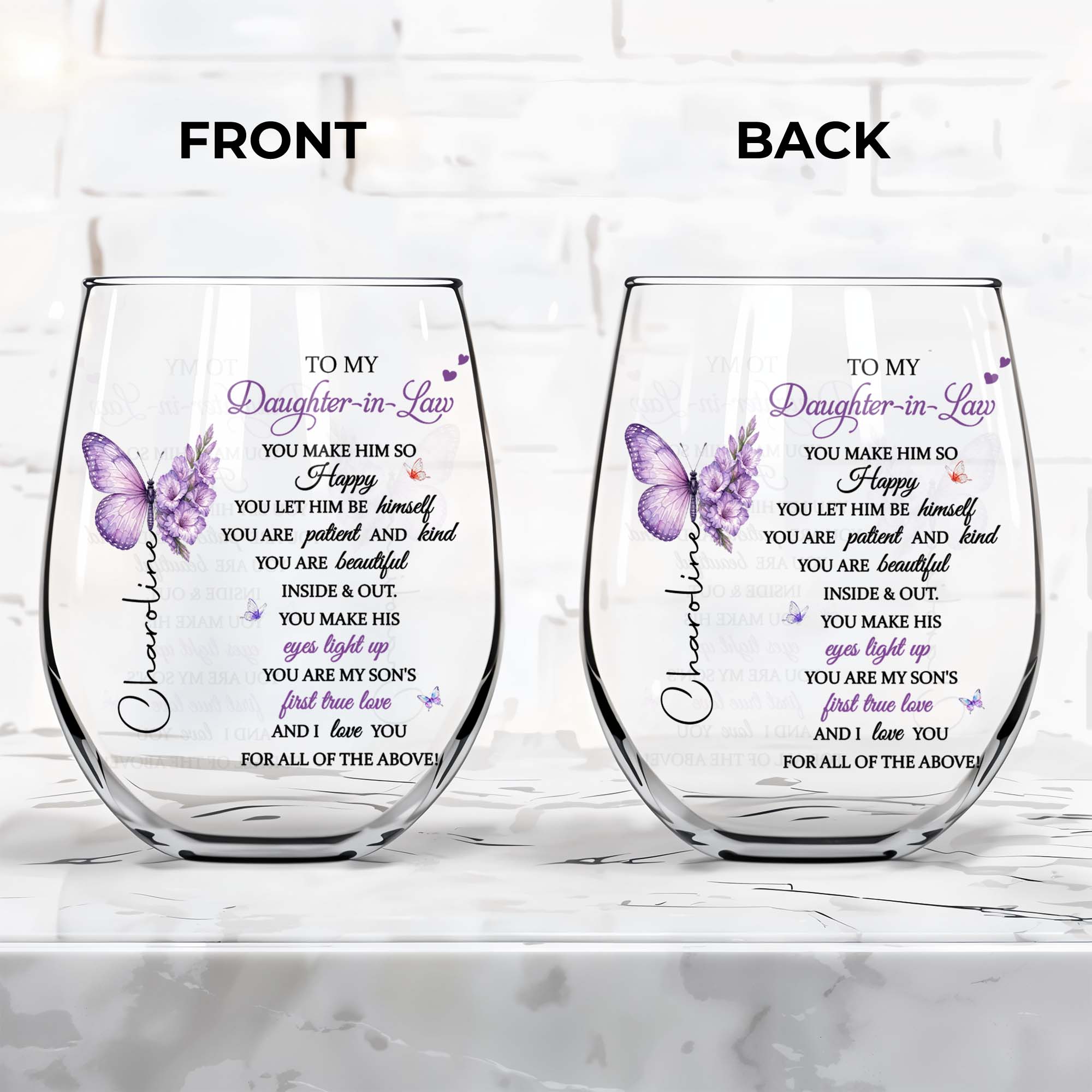 Personalized Stemless Wine Glass Custom Name Gift for Daughter-in-Law Wine Glasses GradoCreations