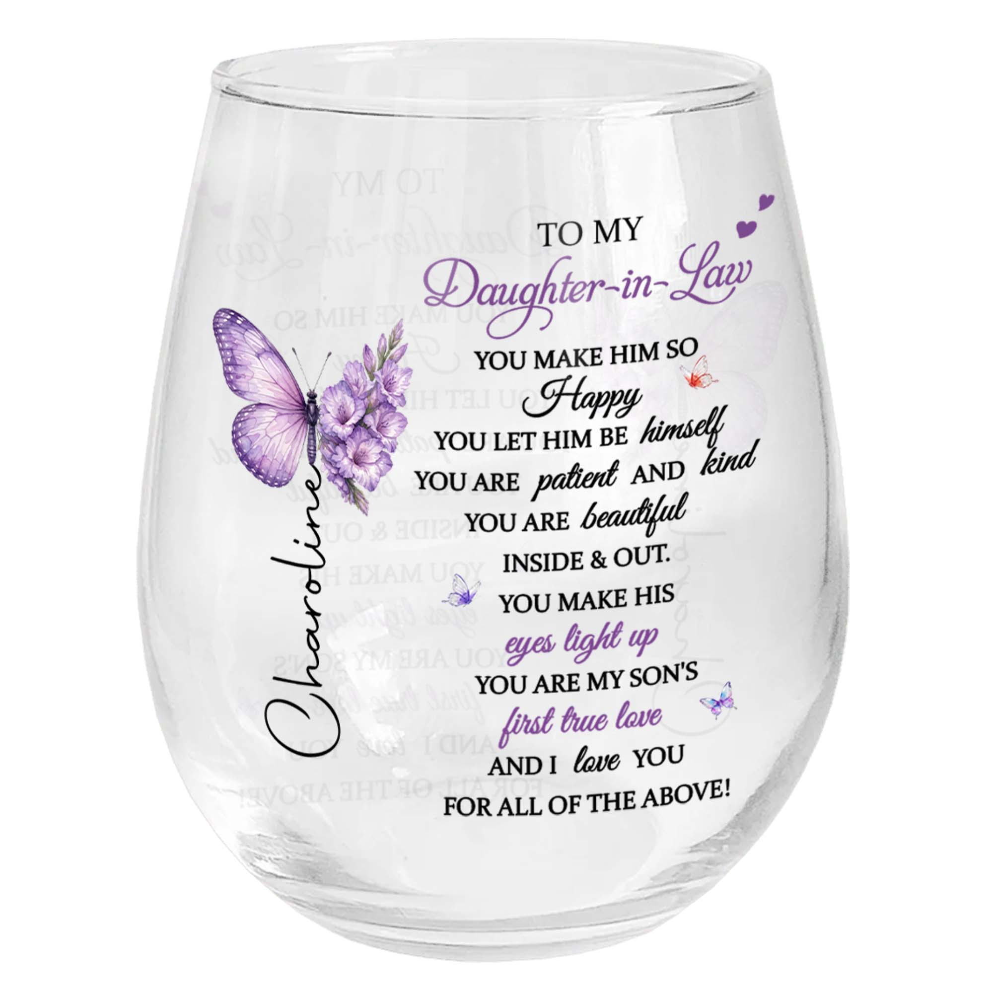 Personalized Stemless Wine Glass Custom Name Gift for Daughter-in-Law Wine Glasses GradoCreations