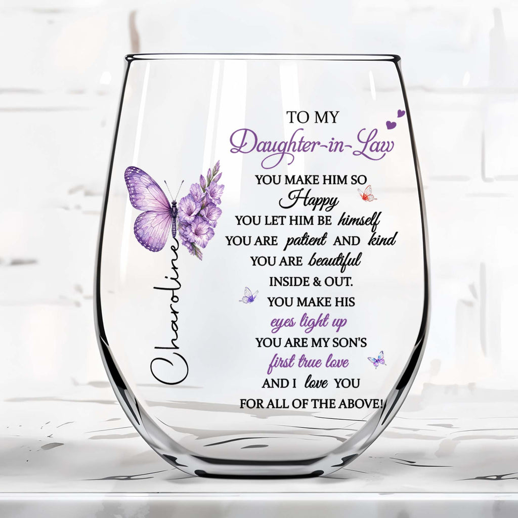 Personalized Stemless Wine Glass Custom Name Gift for Daughter-in-Law Wine Glasses GradoCreations