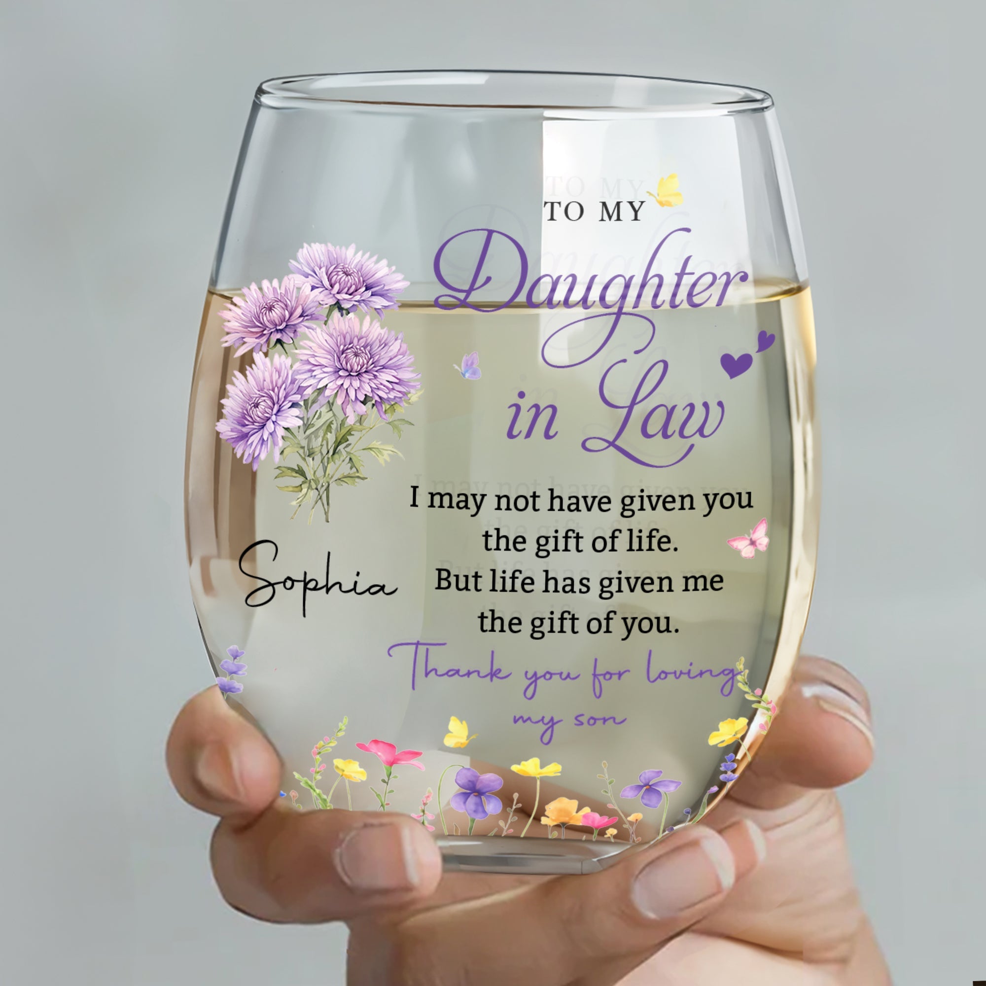 Personalized Stemless Wine Glass Custom Birth Month Flowers Gift for Daughter-in-Law Wine Glasses GradoCreations