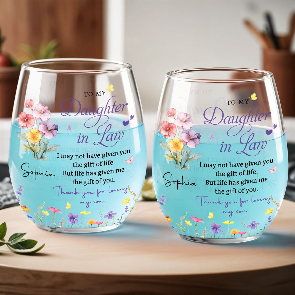 Personalized Stemless Wine Glass Custom Birth Month Flowers Gift for Daughter-in-Law Wine Glasses GradoCreations