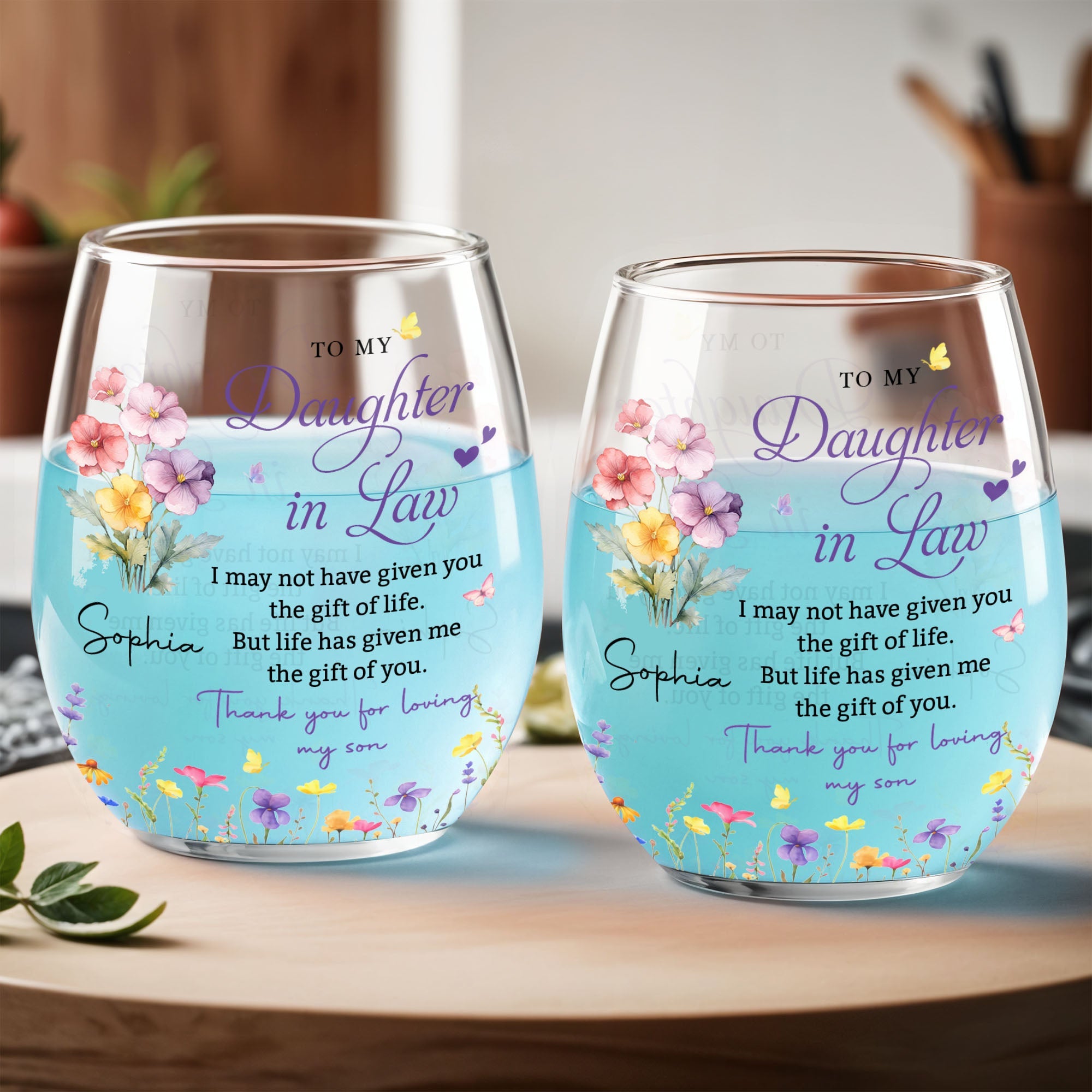 Personalized Stemless Wine Glass Custom Birth Month Flowers Gift for Daughter-in-Law Wine Glasses GradoCreations