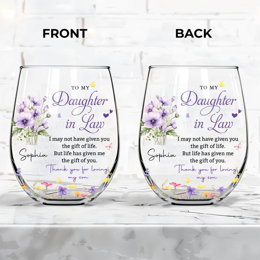Personalized Stemless Wine Glass Custom Birth Month Flowers Gift for Daughter-in-Law Wine Glasses GradoCreations