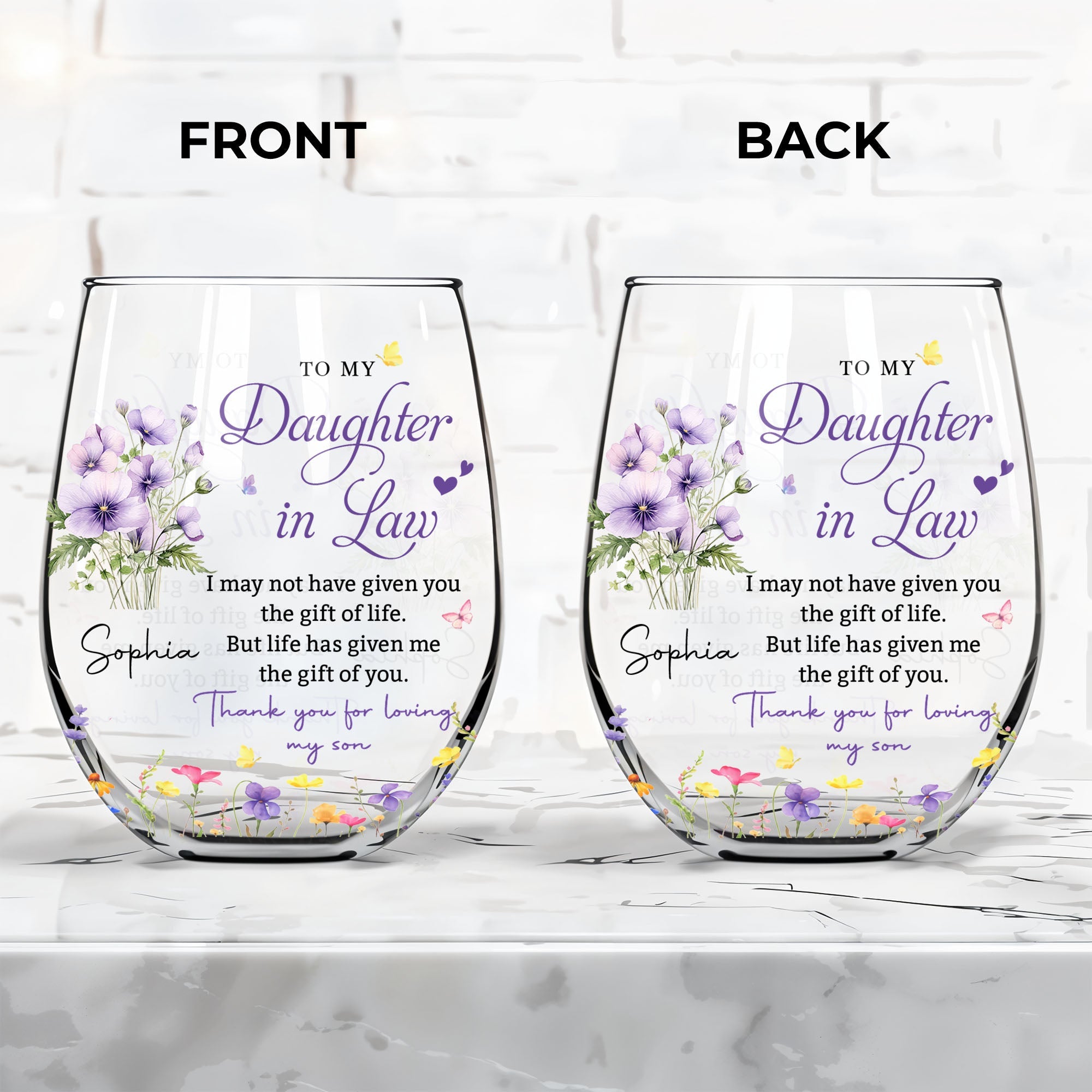 Personalized Stemless Wine Glass Custom Birth Month Flowers Gift for Daughter-in-Law Wine Glasses GradoCreations