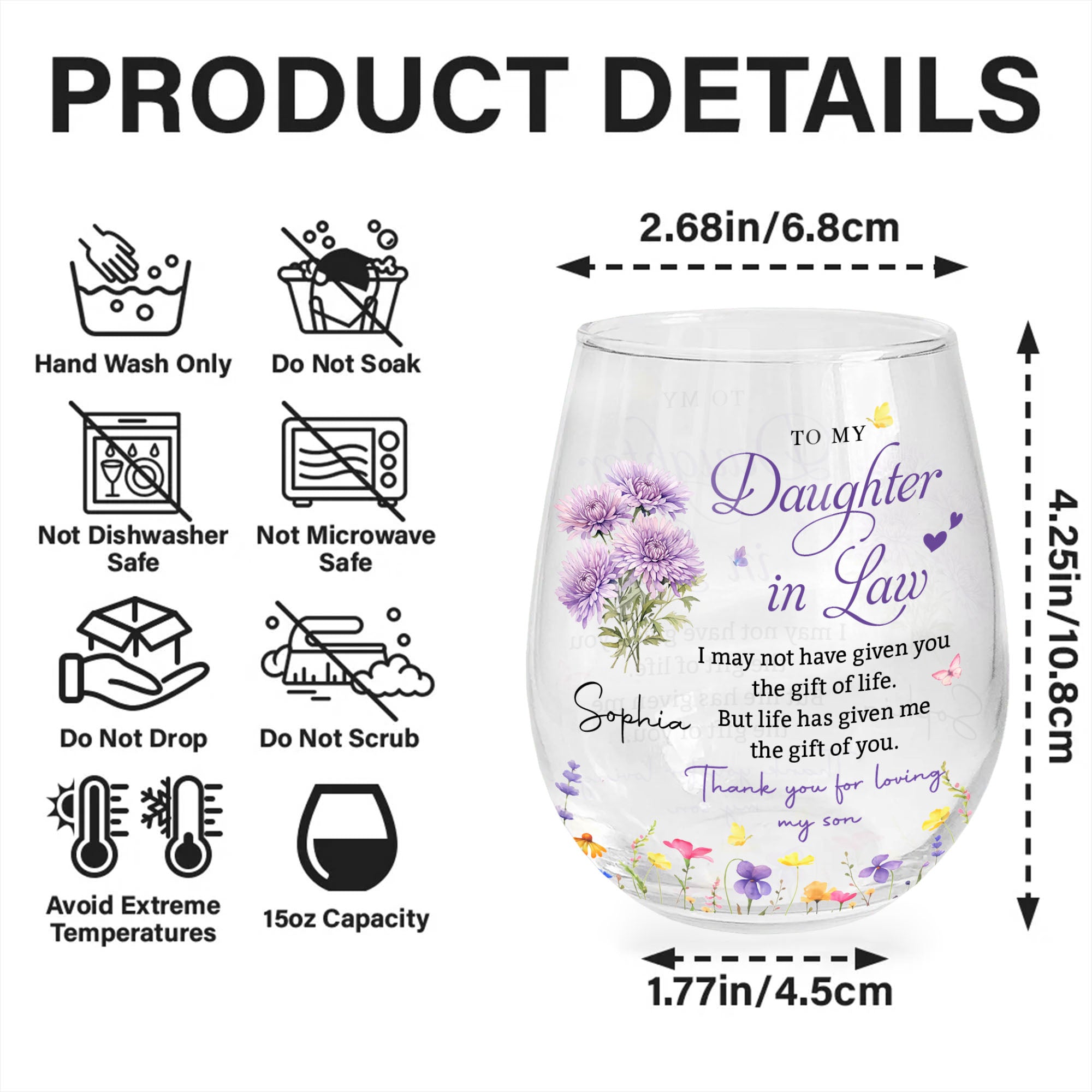 Personalized Stemless Wine Glass Custom Birth Month Flowers Gift for Daughter-in-Law Wine Glasses GradoCreations