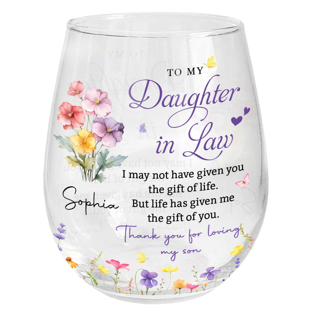 Personalized Stemless Wine Glass Custom Birth Month Flowers Gift for Daughter-in-Law Wine Glasses GradoCreations