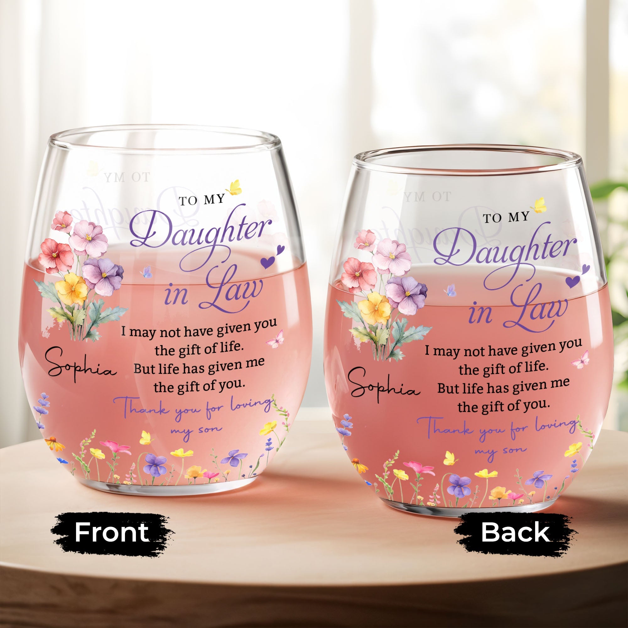 Personalized Stemless Wine Glass Custom Birth Month Flowers Gift for Daughter-in-Law Wine Glasses GradoCreations