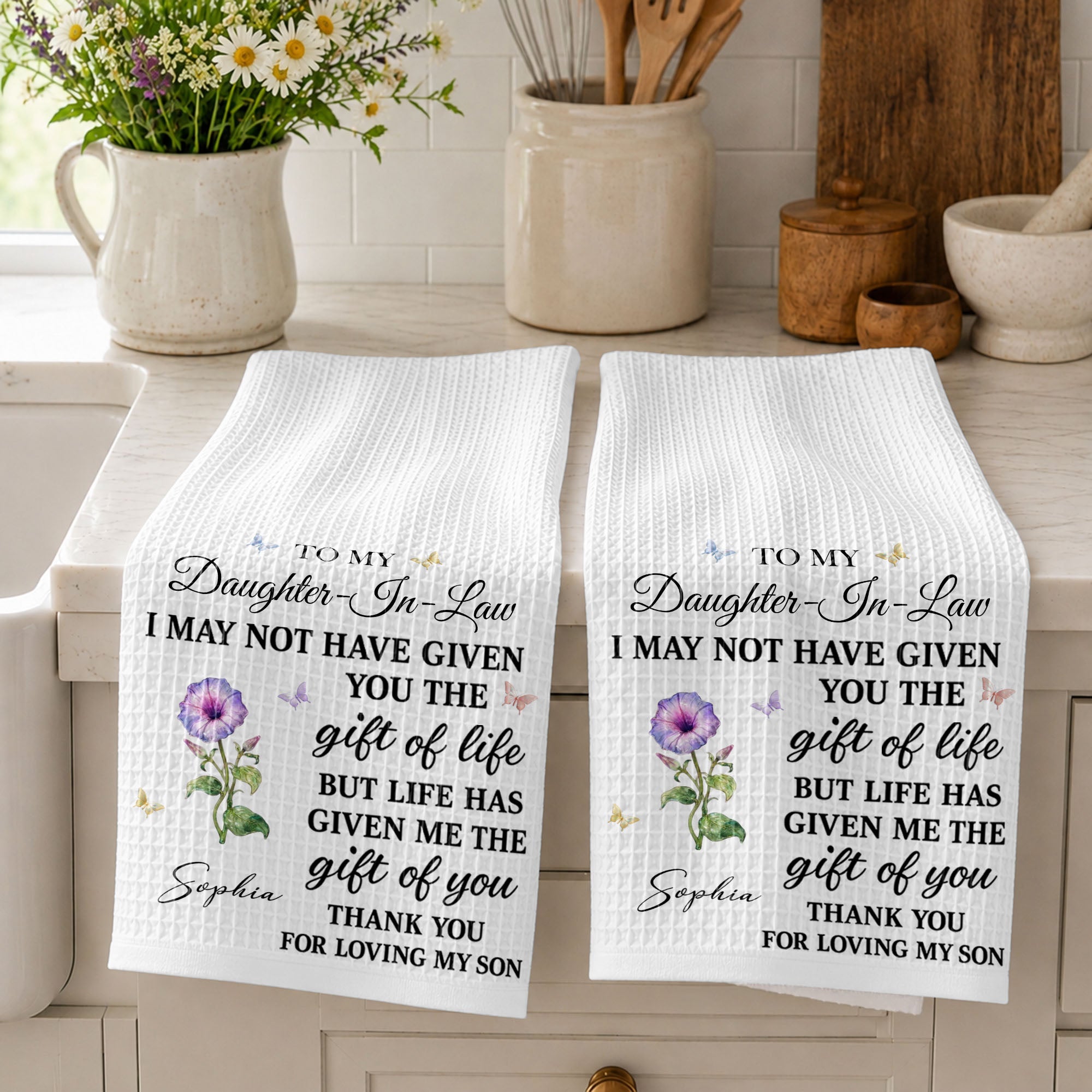 Personalized Kitchen Towel Custom Flower Design Gift for Daughter-in-Law Kitchen Towel GradoCreations