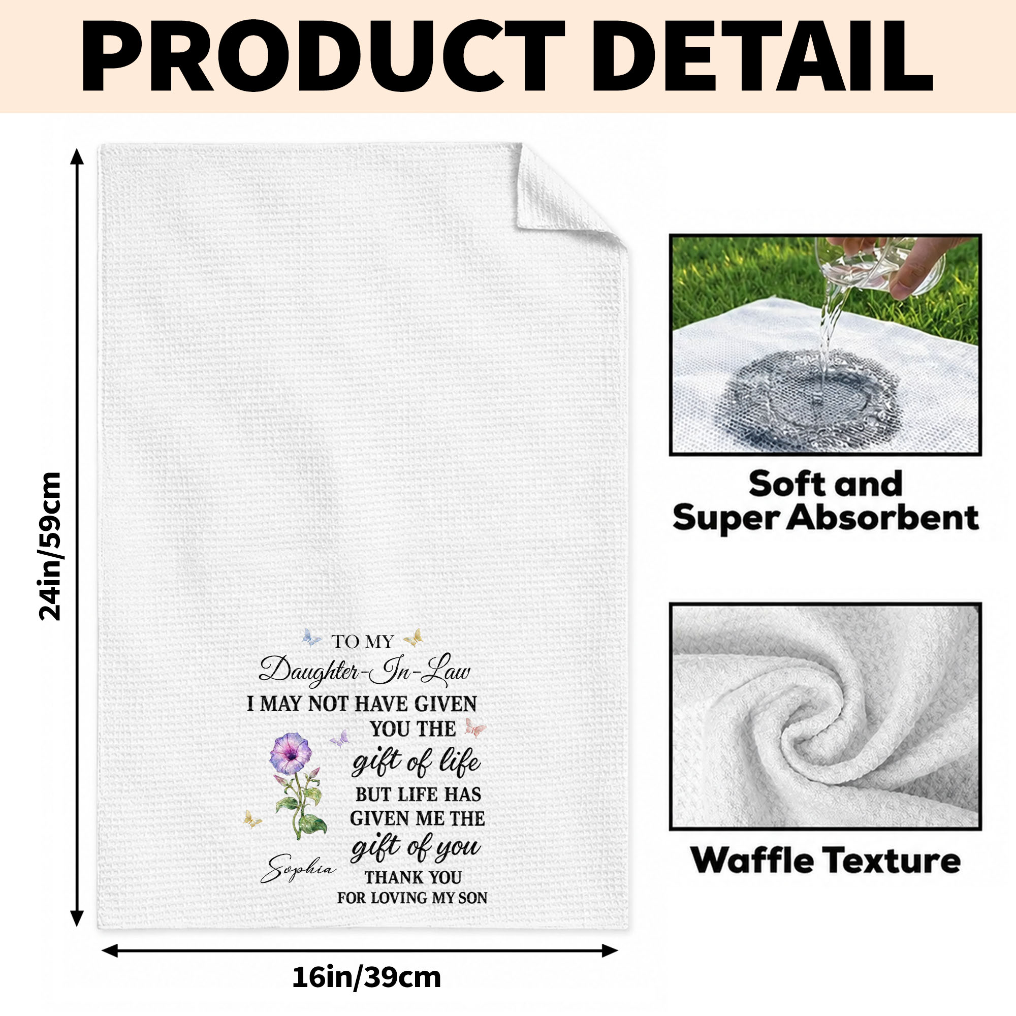 Personalized Kitchen Towel Custom Flower Design Gift for Daughter-in-Law Kitchen Towel GradoCreations