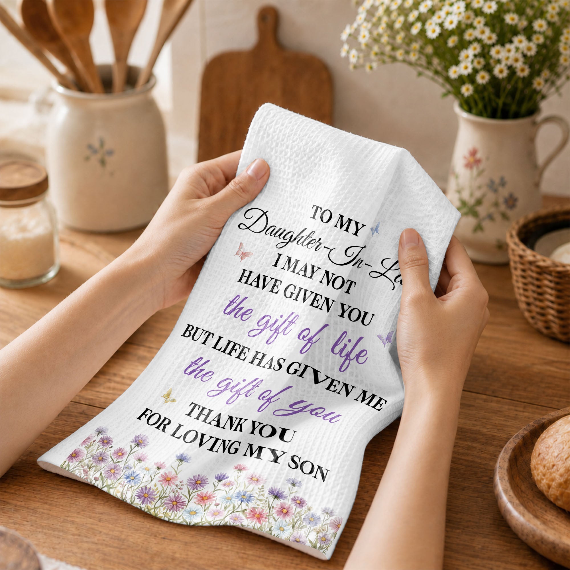 Personalized Kitchen Towel Gift for Daughter-in-Law with Flowers Kitchen Towel GradoCreations