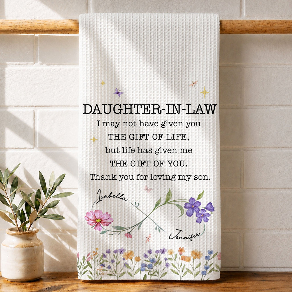 Personalized Kitchen Towel for Daughter-In-Law Gift with Infinity Flowers Kitchen Towel GradoCreations