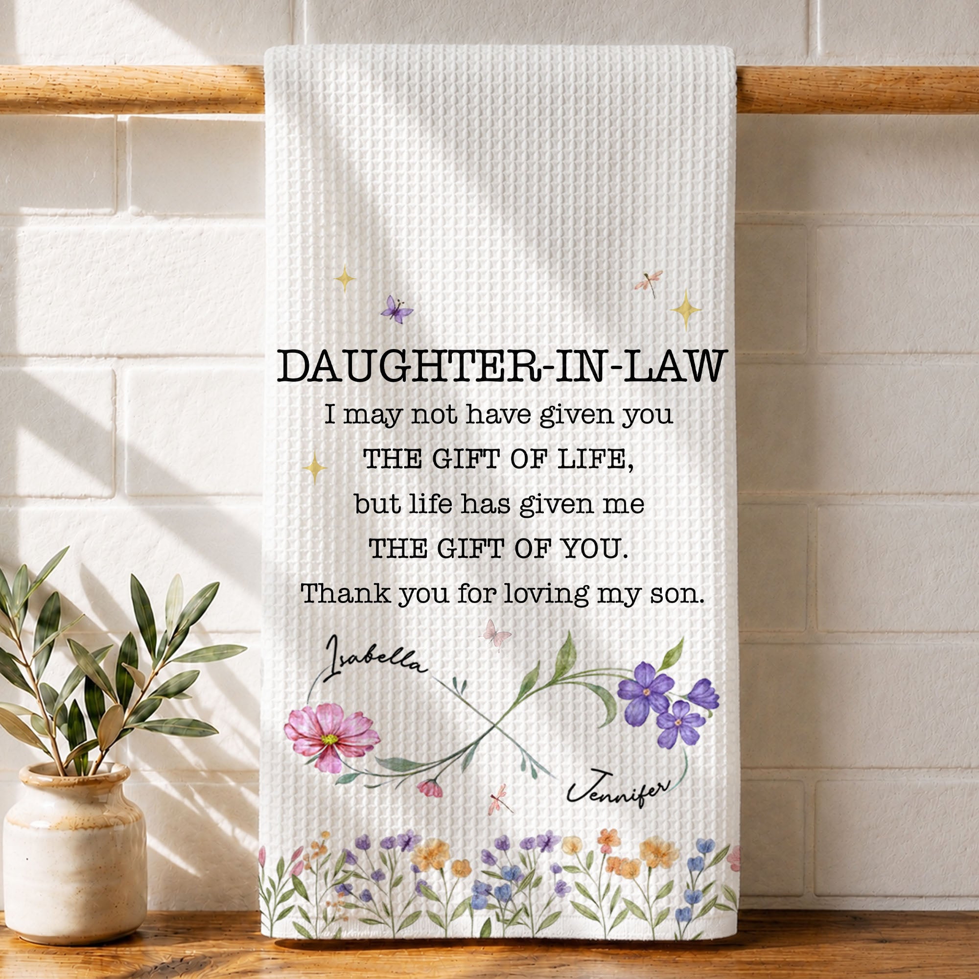 Personalized Kitchen Towel for Daughter-In-Law Gift with Infinity Flowers Kitchen Towel GradoCreations