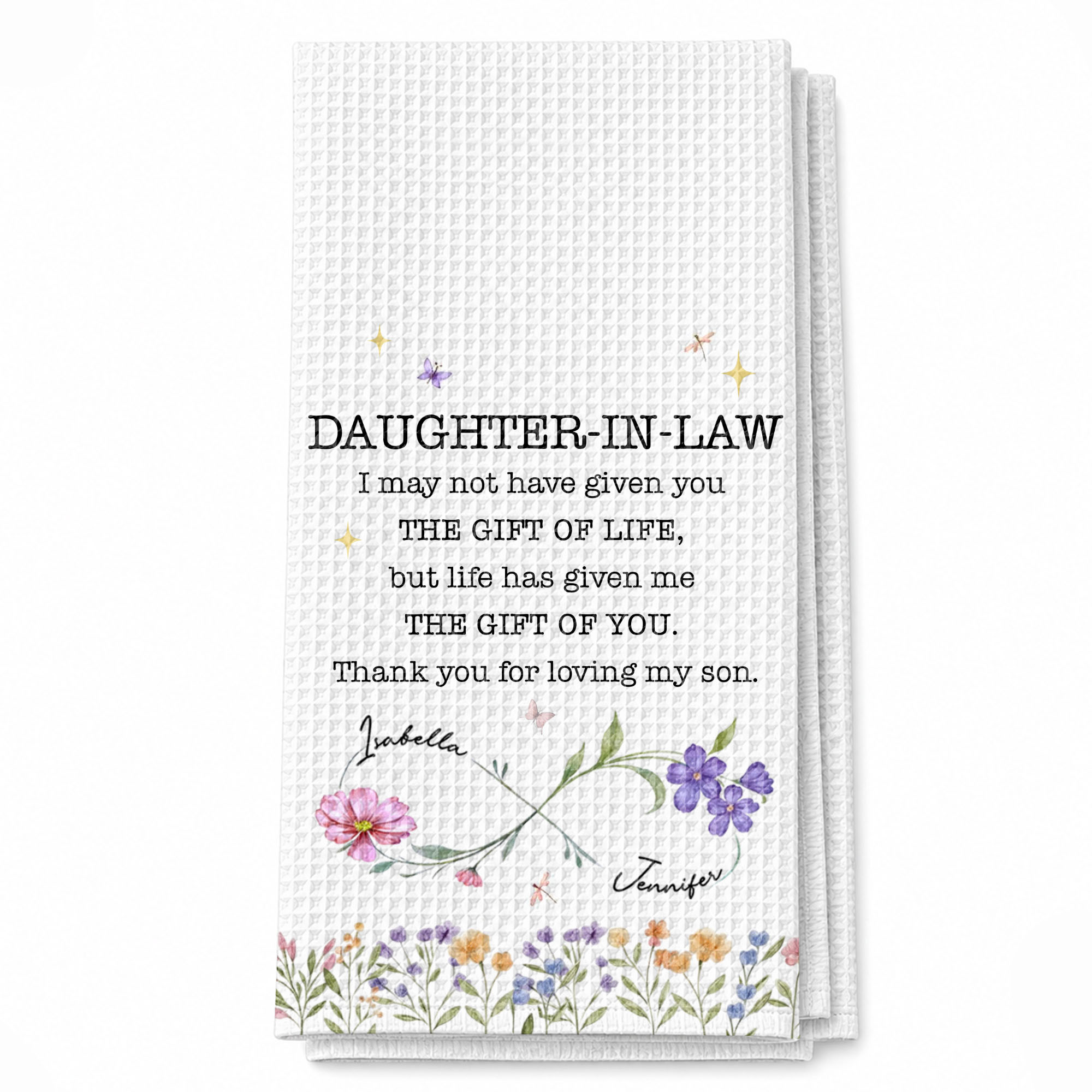 Personalized Kitchen Towel for Daughter-In-Law Gift with Infinity Flowers Kitchen Towel GradoCreations