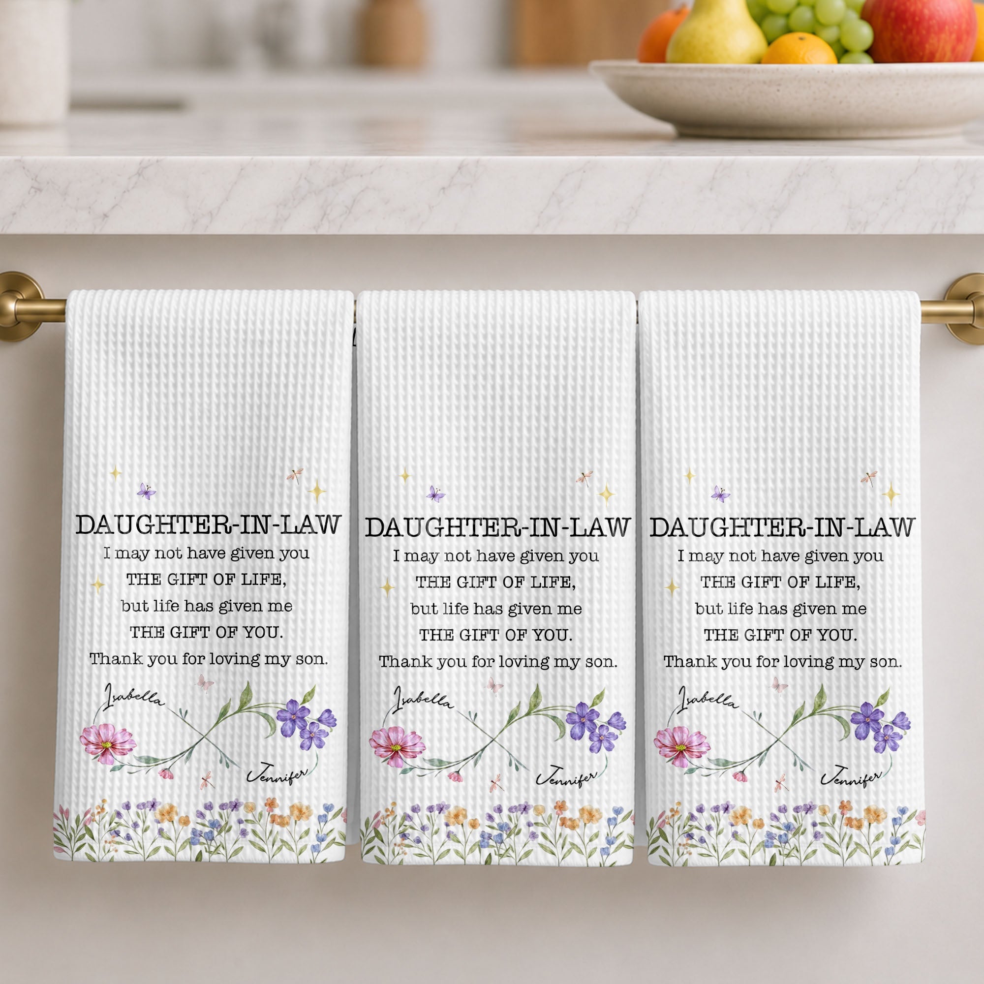 Personalized Kitchen Towel for Daughter-In-Law Gift with Infinity Flowers Kitchen Towel GradoCreations