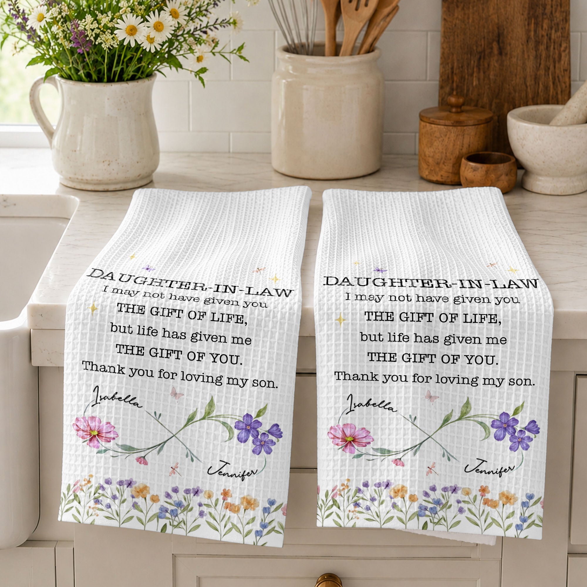 Personalized Kitchen Towel for Daughter-In-Law Gift with Infinity Flowers Kitchen Towel GradoCreations