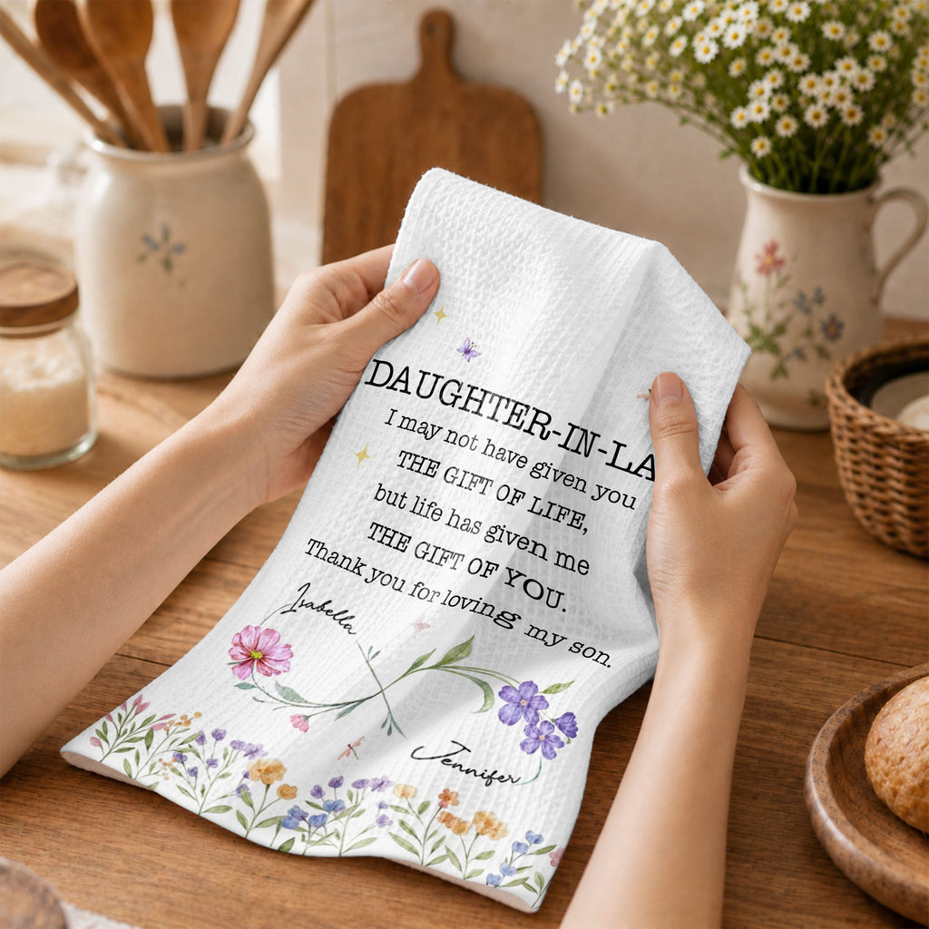 Personalized Kitchen Towel for Daughter-In-Law Gift with Infinity Flowers Kitchen Towel GradoCreations