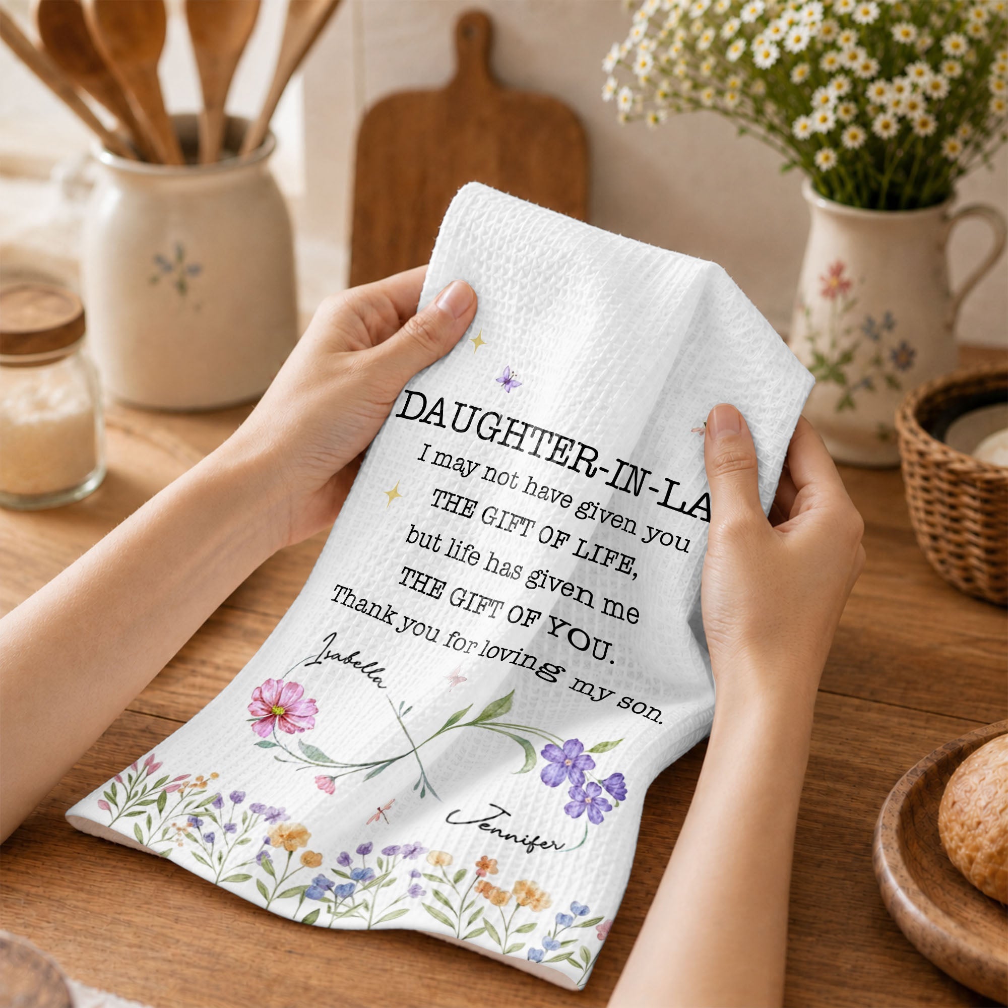 Personalized Kitchen Towel for Daughter-In-Law Gift with Infinity Flowers Kitchen Towel GradoCreations