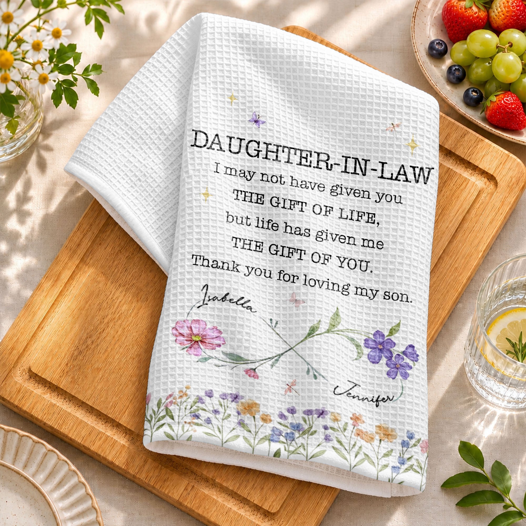 Personalized Kitchen Towel for Daughter-In-Law Gift with Infinity Flowers Kitchen Towel GradoCreations