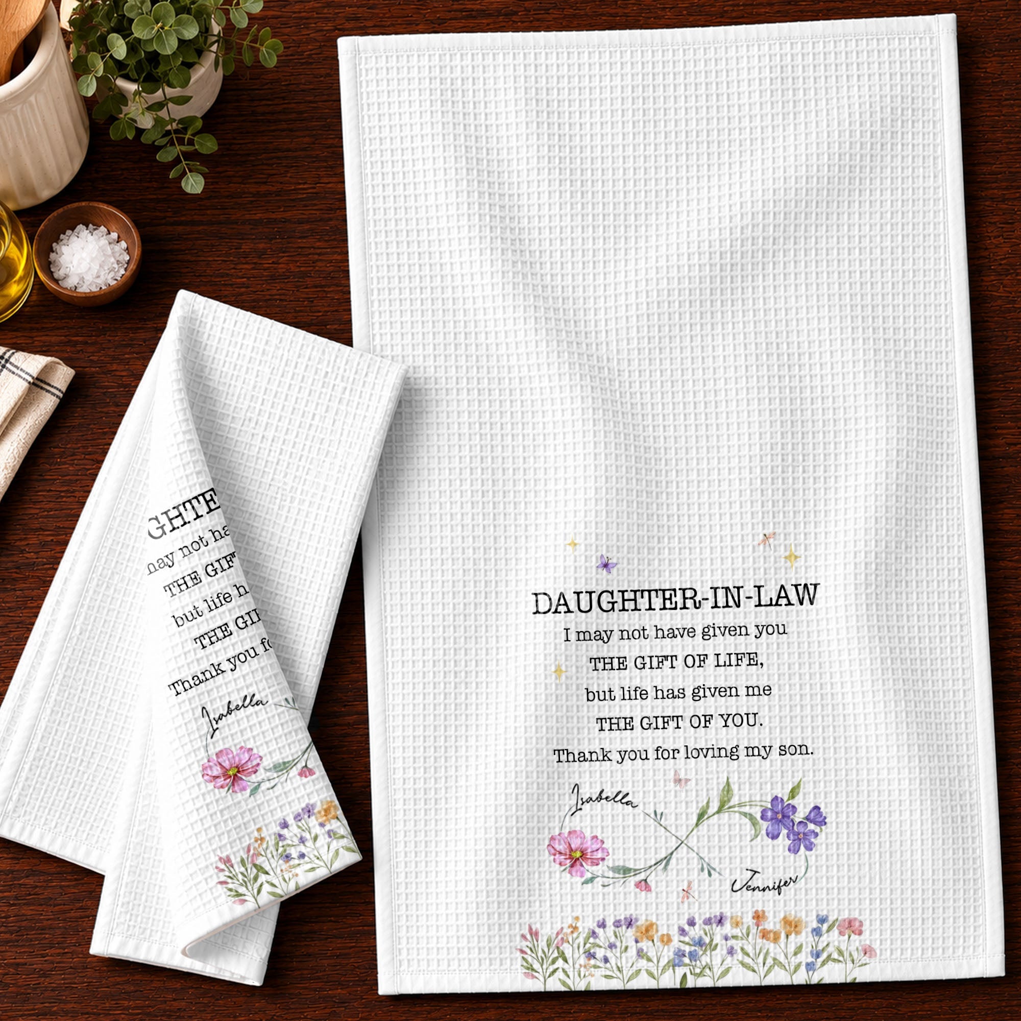 Personalized Kitchen Towel for Daughter-In-Law Gift with Infinity Flowers Kitchen Towel GradoCreations
