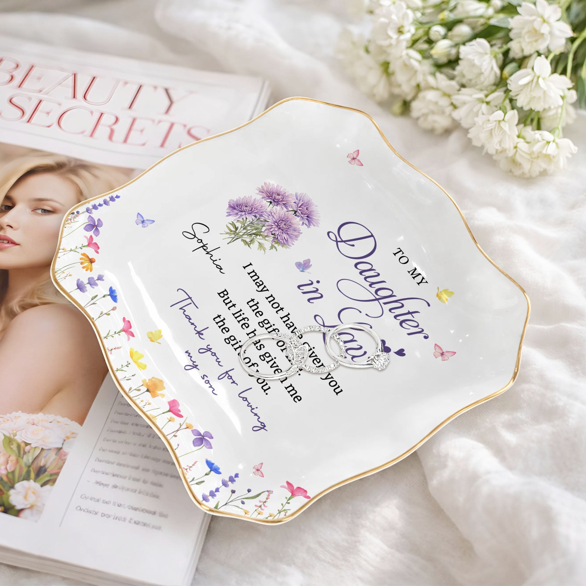 Personalized Lace Jewelry Dish Custom Name Gift for Daughter-in-Law Lace Square Jewelry Dish GradoCreations