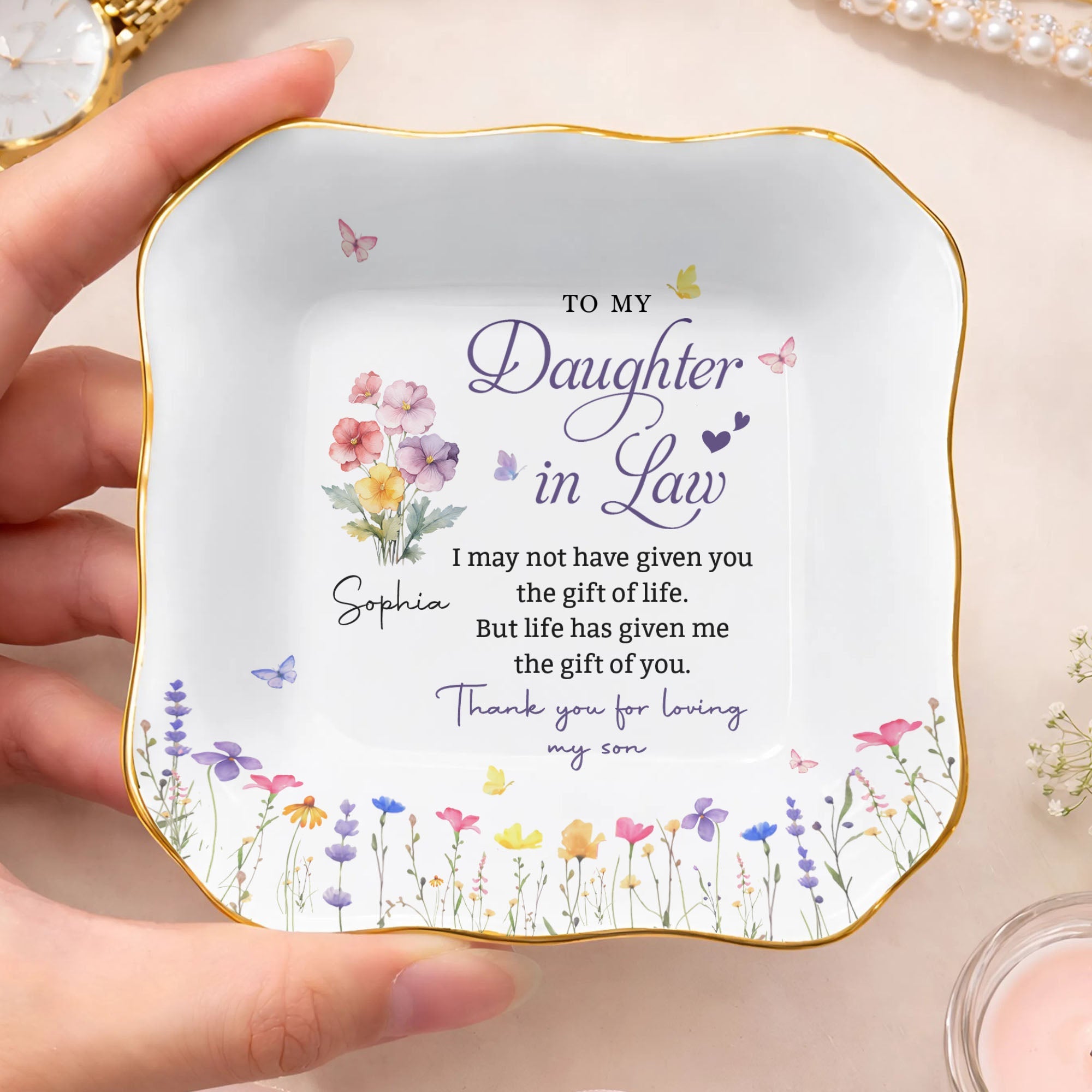 Personalized Lace Jewelry Dish Custom Name Gift for Daughter-in-Law Lace Square Jewelry Dish GradoCreations