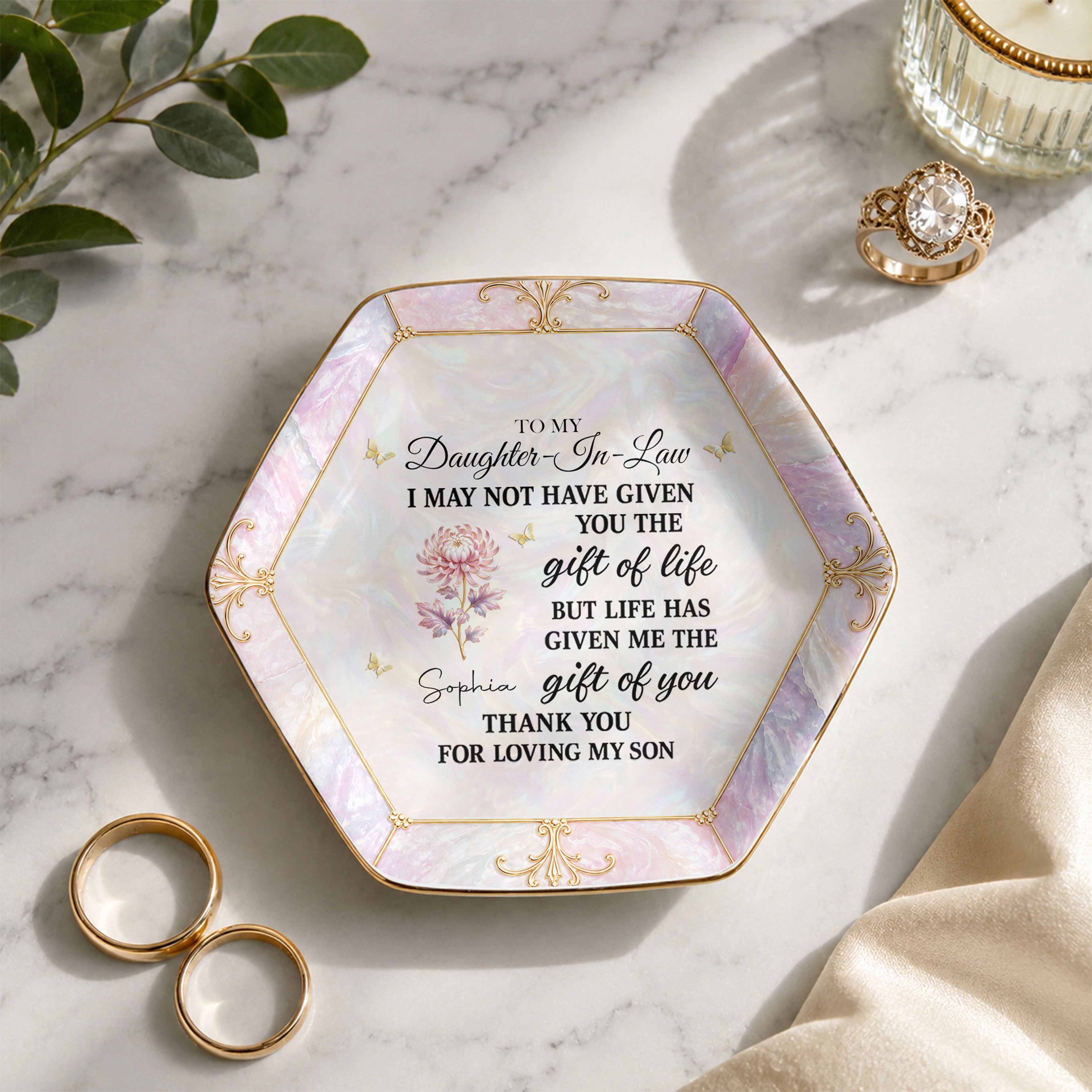 Personalized Hexagonal Ceramic Jewelry Dish Gift for Daughter-In-Law Jewelry Dish GradoCreations
