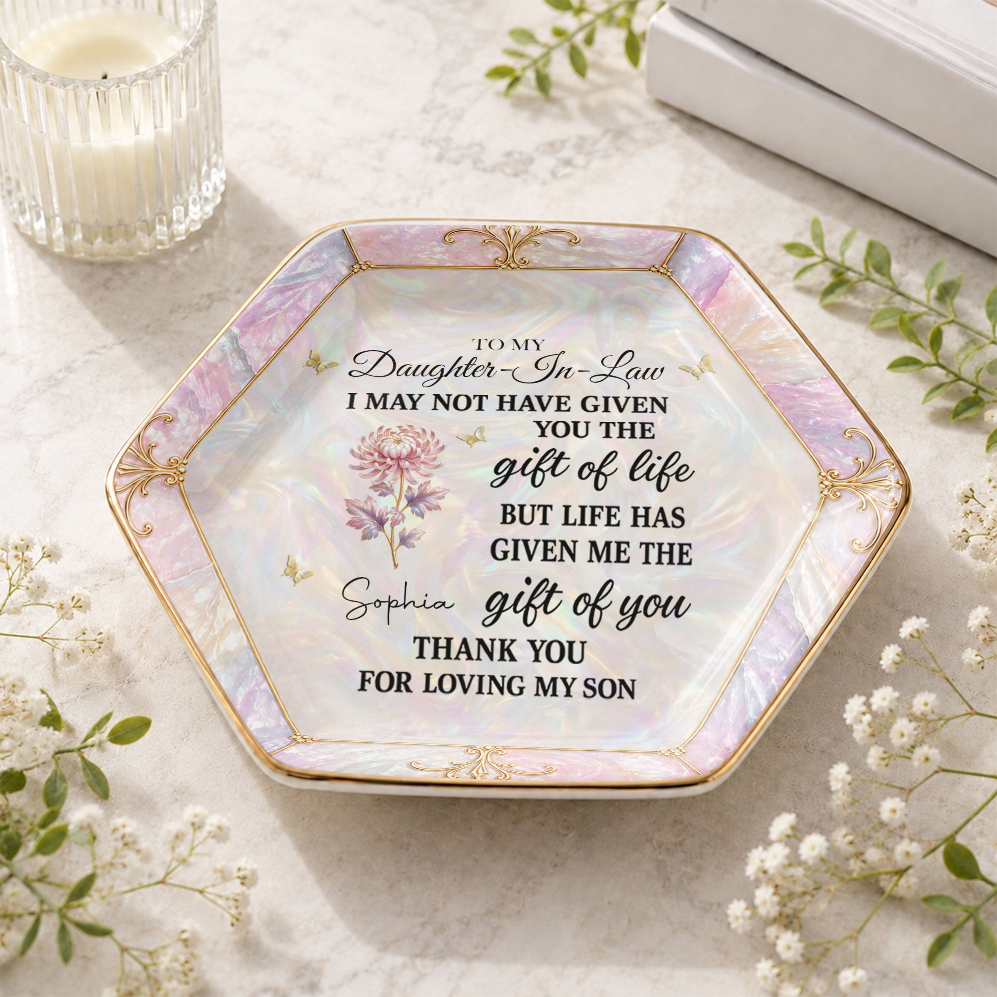 Personalized Hexagonal Ceramic Jewelry Dish Gift for Daughter-In-Law Jewelry Dish GradoCreations