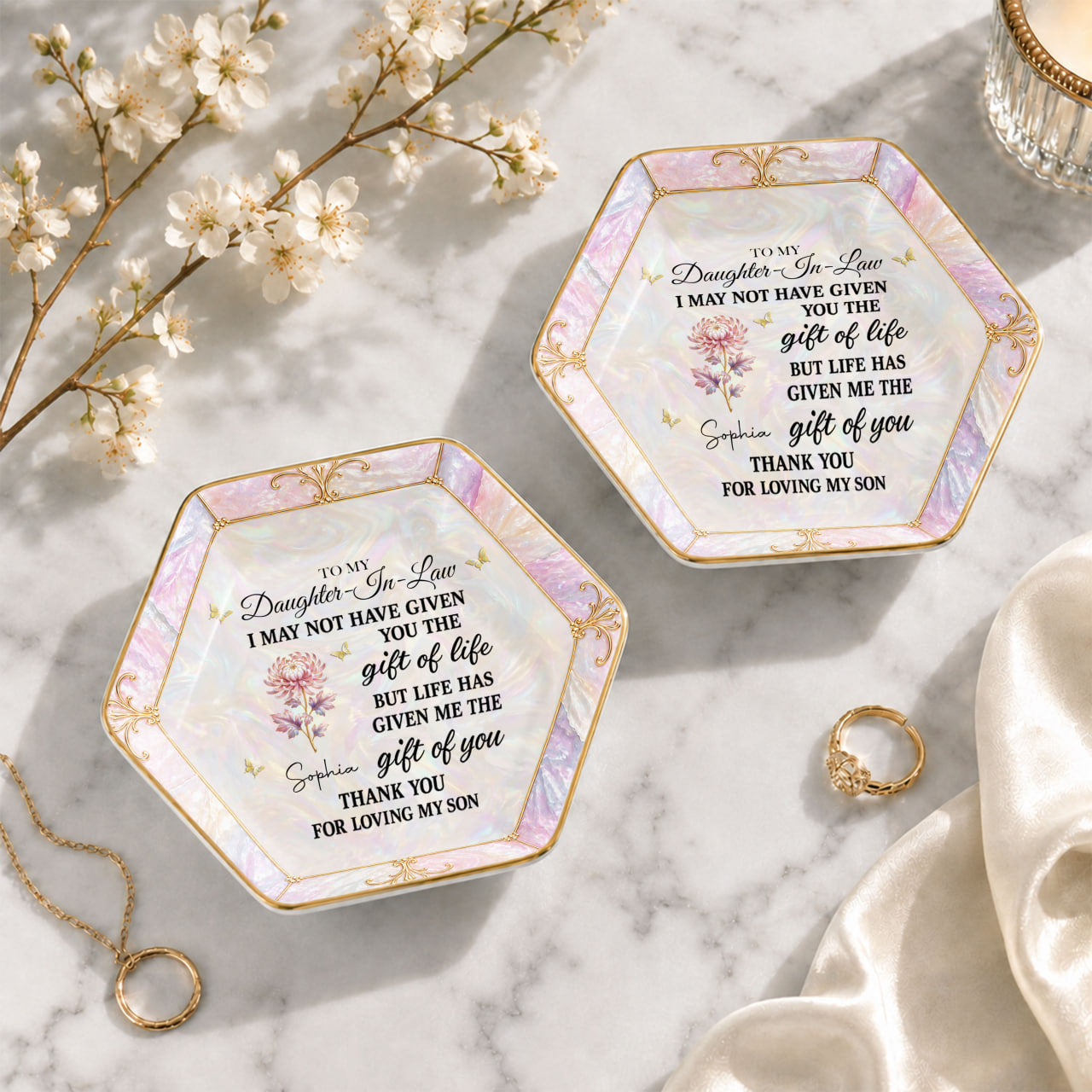 Personalized Hexagonal Ceramic Jewelry Dish Gift for Daughter-In-Law Jewelry Dish GradoCreations