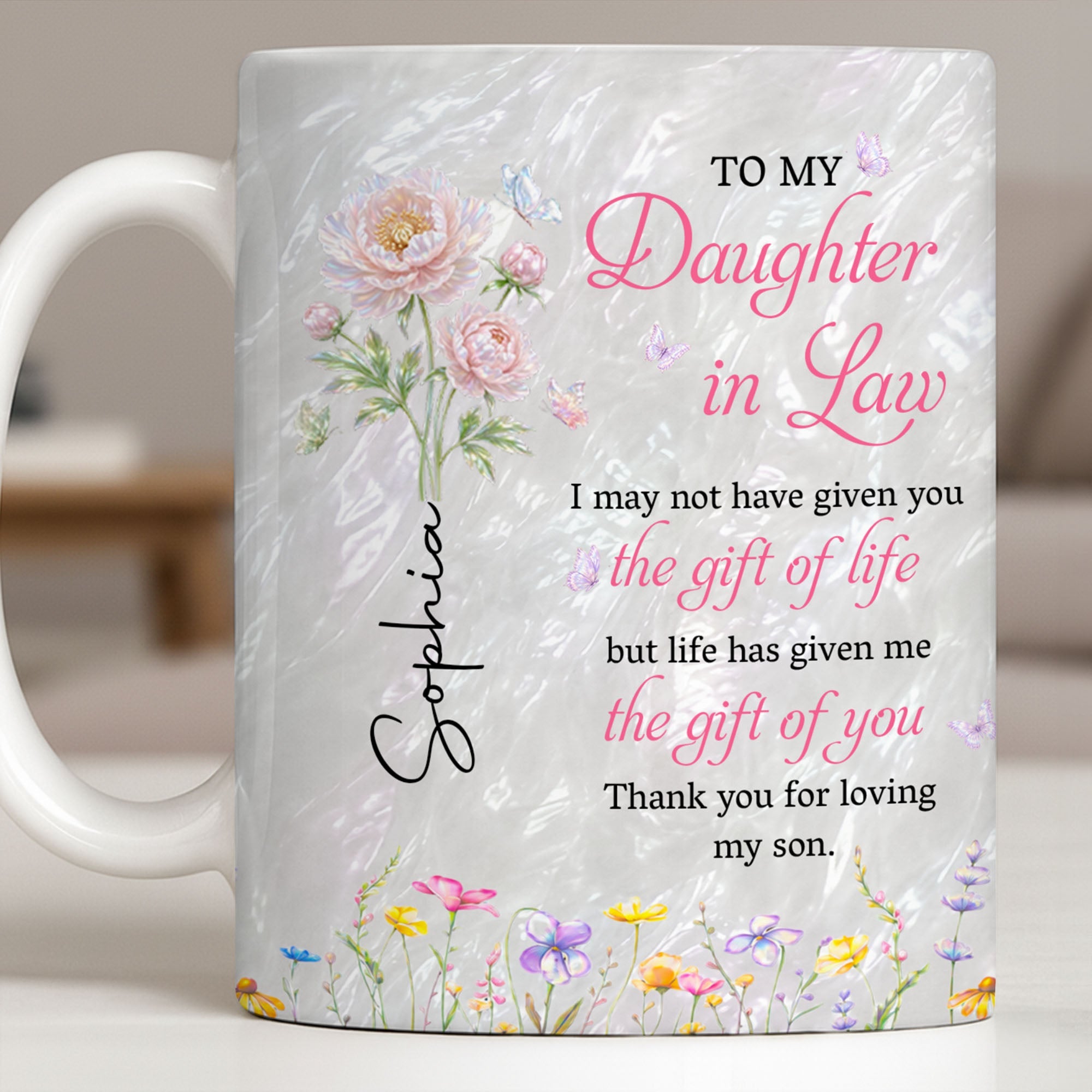 Personalized Flower Pearl Mug Custom Gift for Daughter-in-Law Edge-to-edge Mug GradoCreations