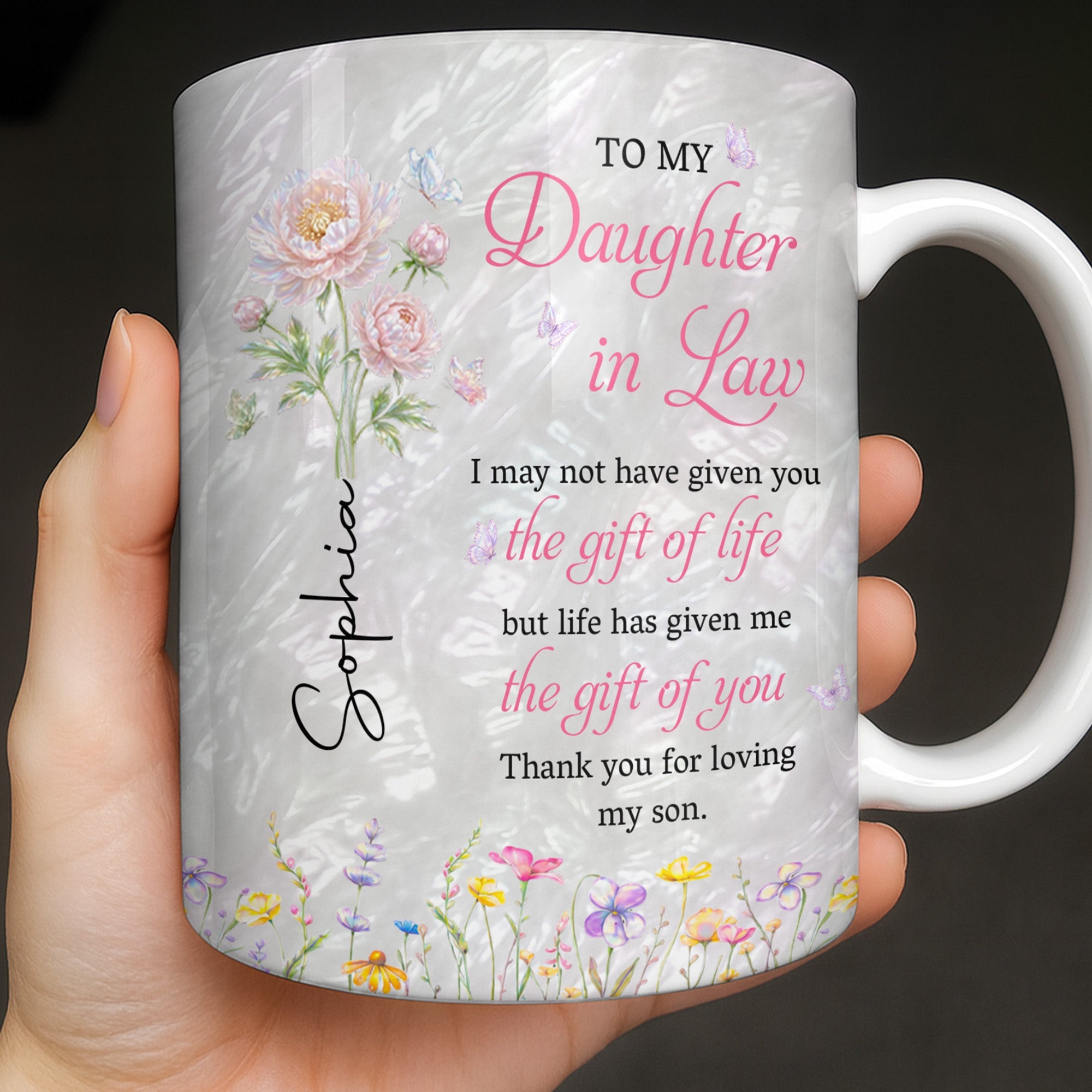 Personalized Flower Pearl Mug Custom Gift for Daughter-in-Law Edge-to-edge Mug GradoCreations