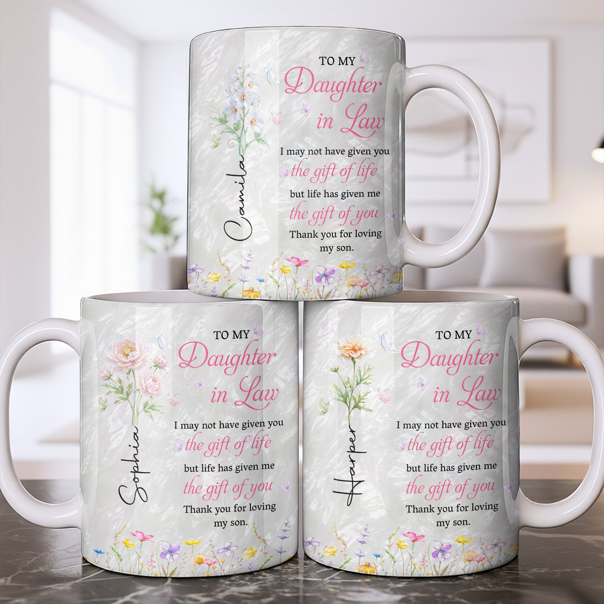 Personalized Flower Pearl Mug Custom Gift for Daughter-in-Law Edge-to-edge Mug GradoCreations
