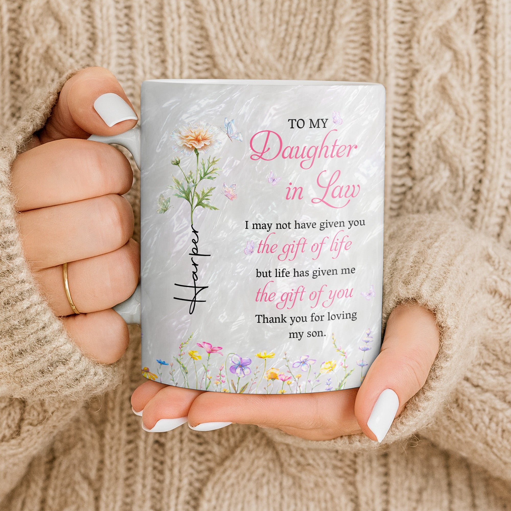 Personalized Flower Pearl Mug Custom Gift for Daughter-in-Law Edge-to-edge Mug GradoCreations