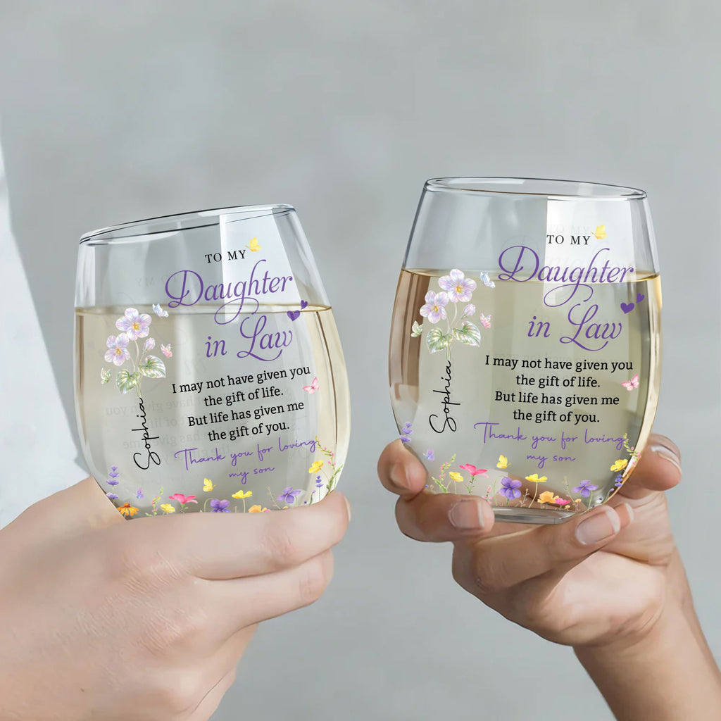 Personalized Stemless Wine Glass Custom Name Gift for Daughter-in-Law Wine Glasses GradoCreations