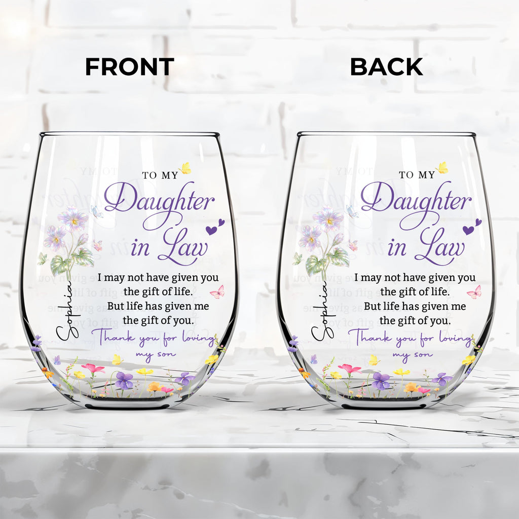Personalized Stemless Wine Glass Custom Name Gift for Daughter-in-Law Wine Glasses GradoCreations