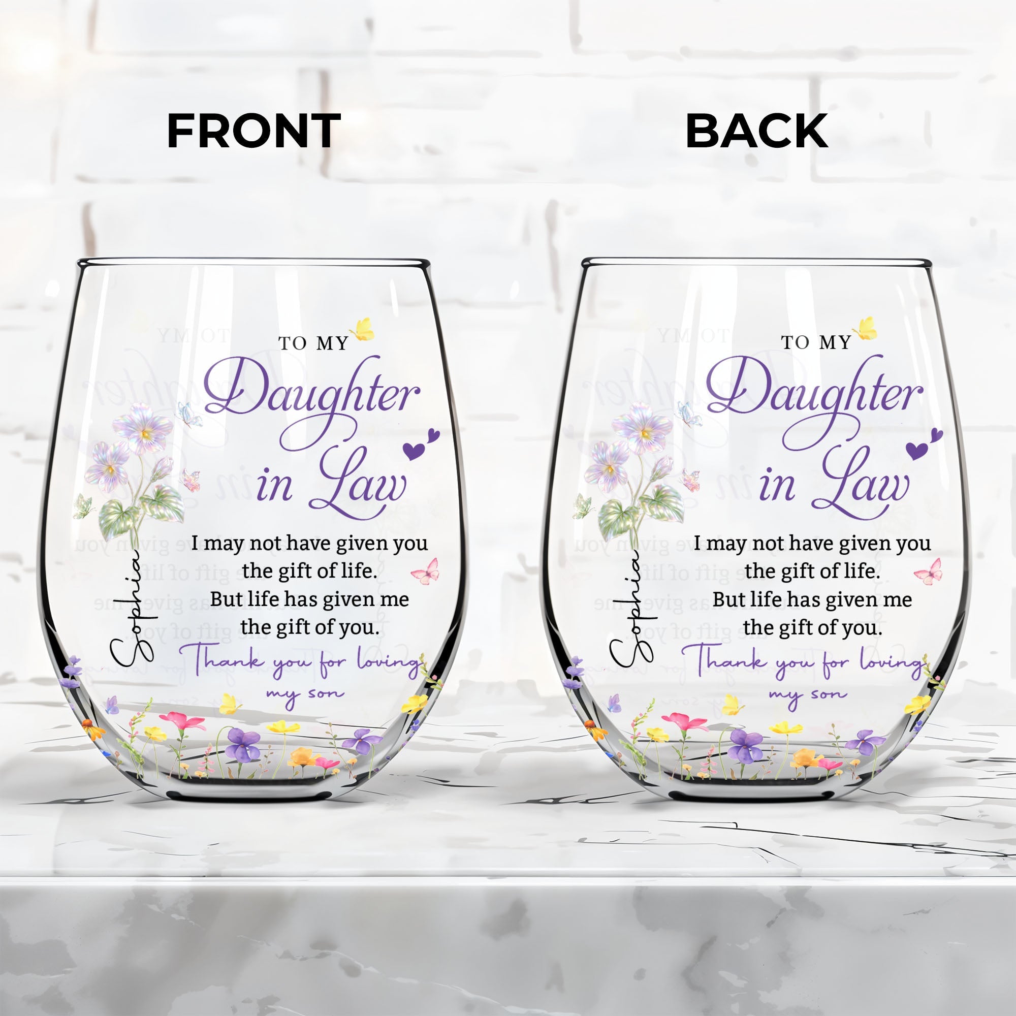Personalized Stemless Wine Glass Custom Name Gift for Daughter-in-Law Wine Glasses GradoCreations